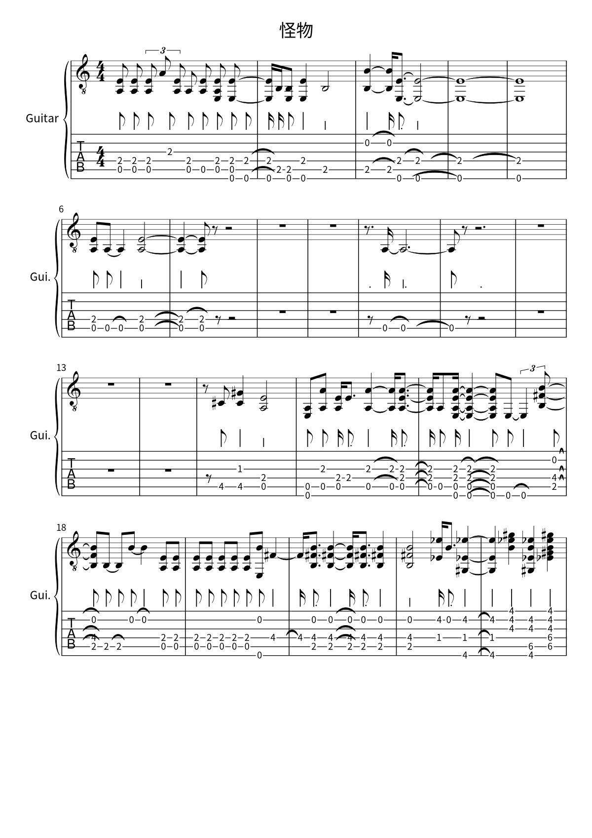 Primera página de la tablatura y partitura de guitarra de 怪物 de YOASOBI