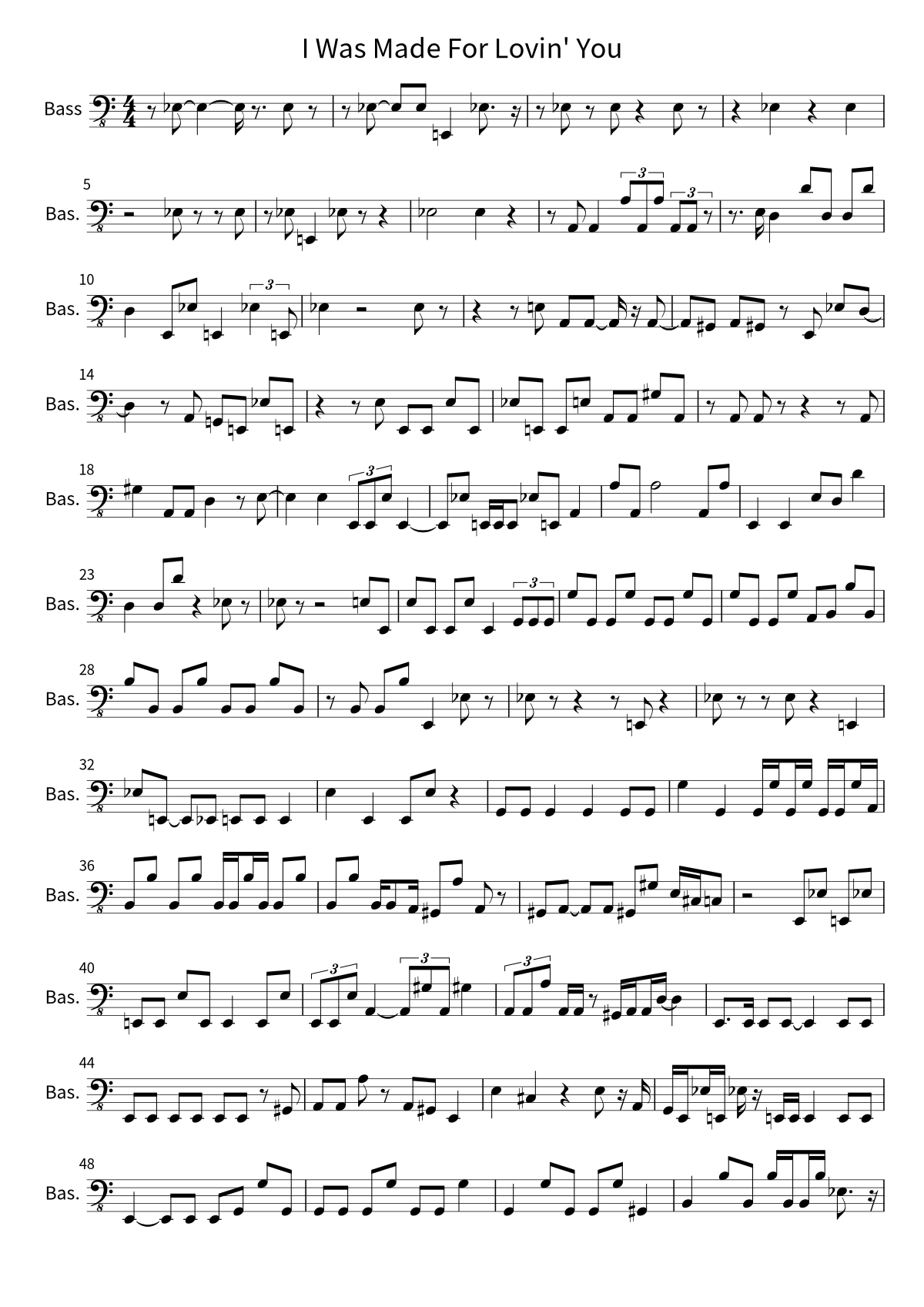 Primeira página da partitura de baixo de I Was Made For Lovin' You, de KISS