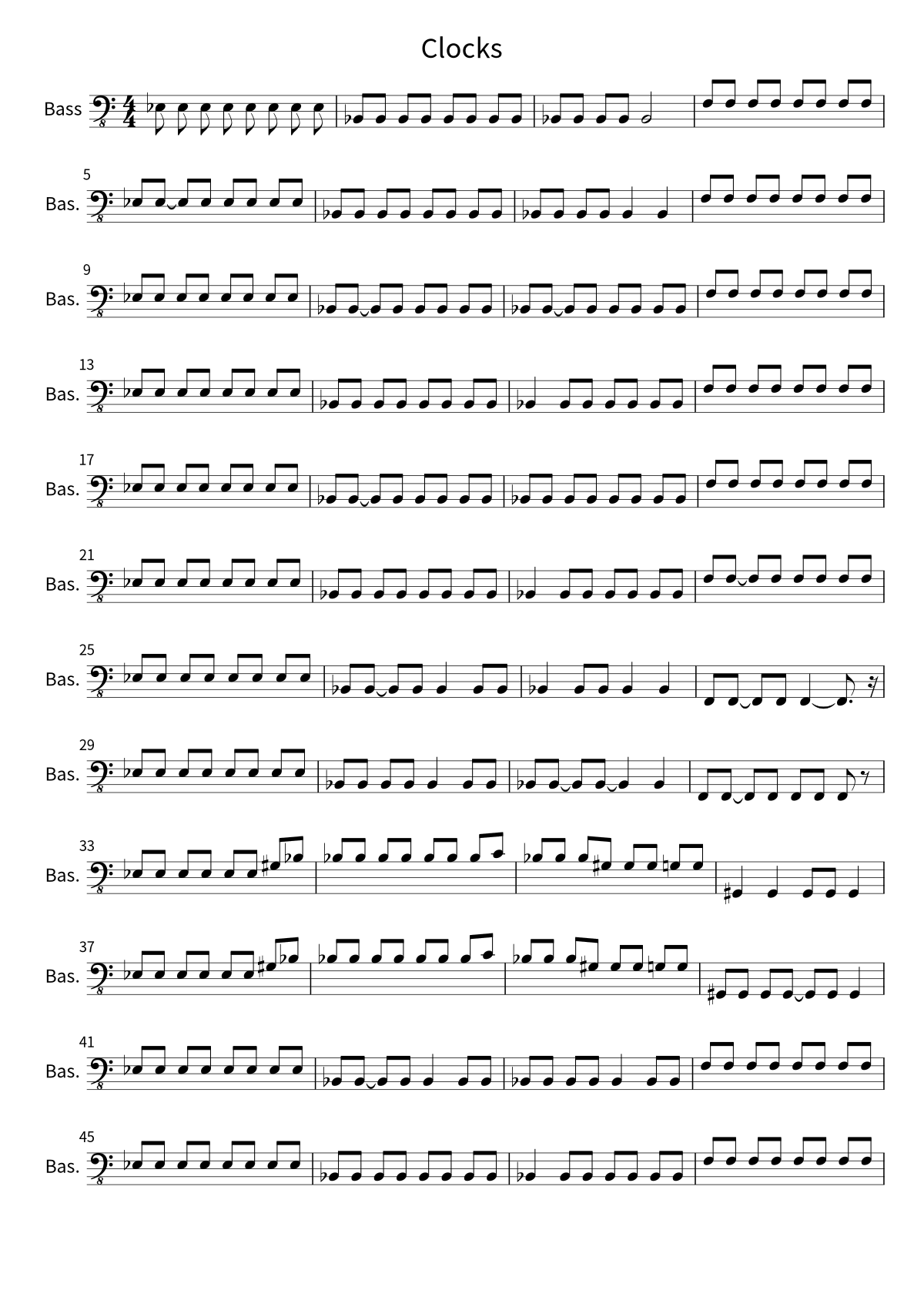 Primera página de la partitura de bajo de Clocks de Coldplay