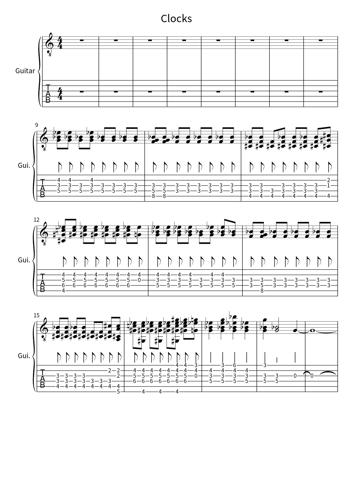 Primera página de la tablatura y partitura de guitarra de Clocks de Coldplay