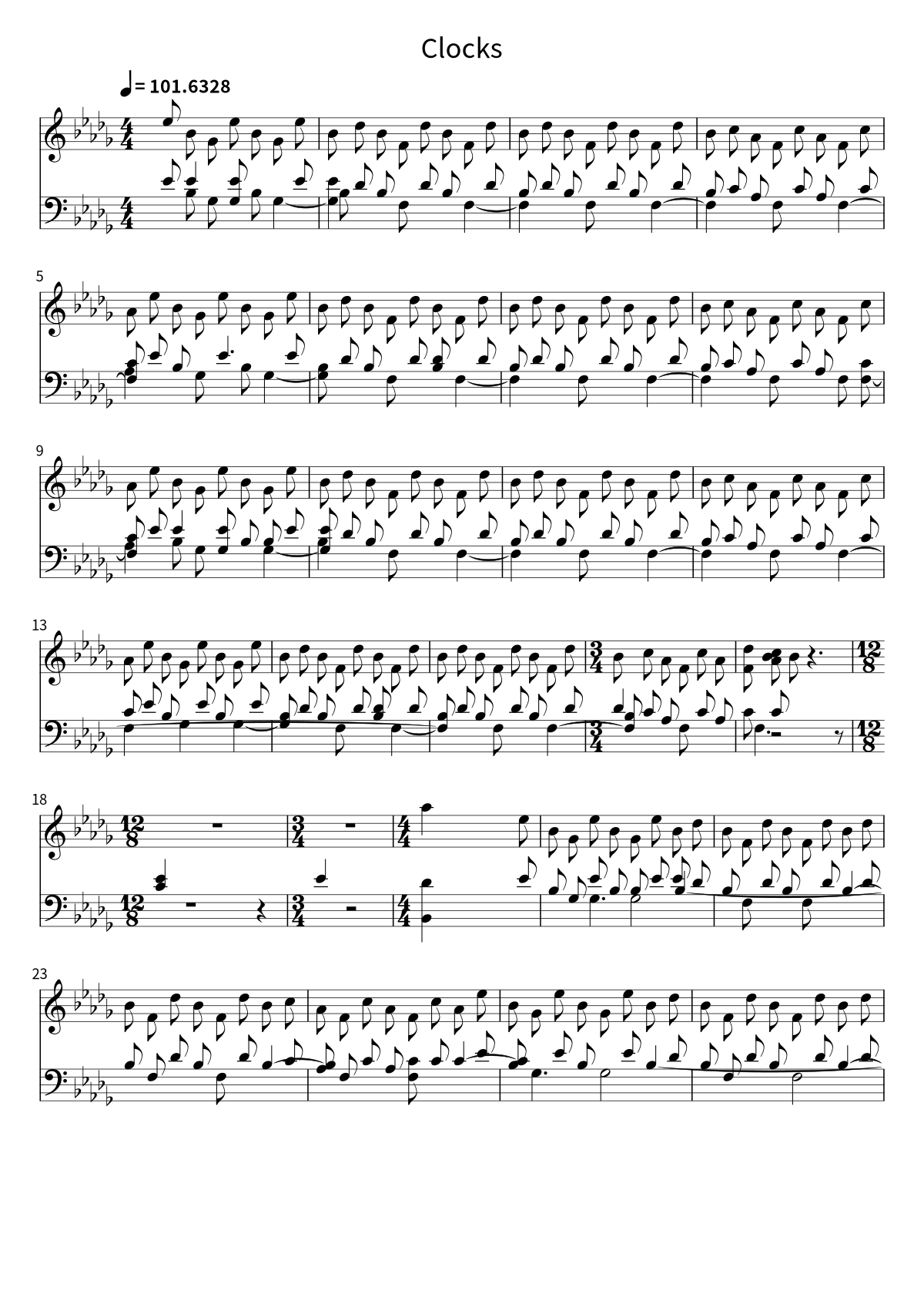 Primera página de la partitura de Clocks de Coldplay
