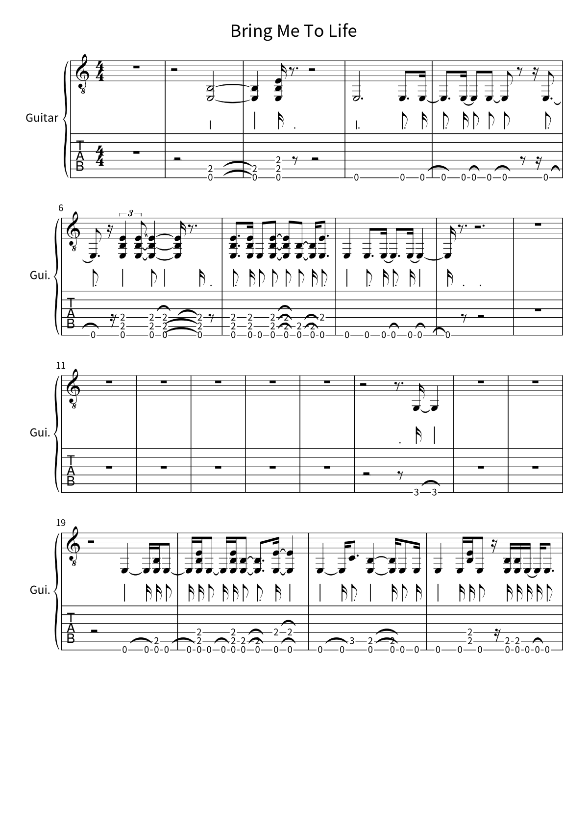 Primera página de la tablatura y partitura de guitarra de Bring Me To Life de Evanescence