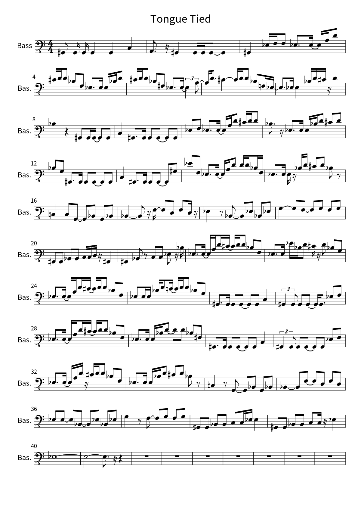 Primeira página da partitura de baixo de Tongue Tied, de GROUPLOVE