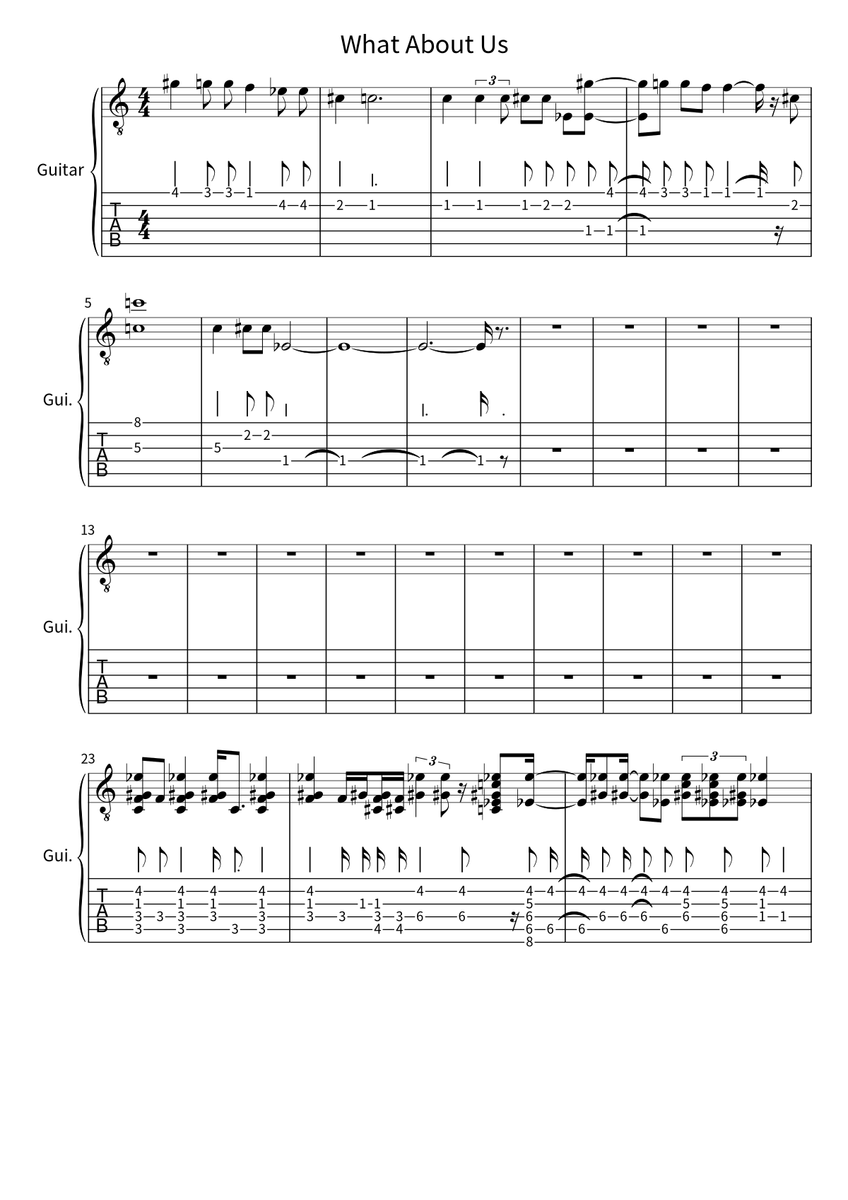 Primera página de la tablatura y partitura de guitarra de What About Us de P!nk