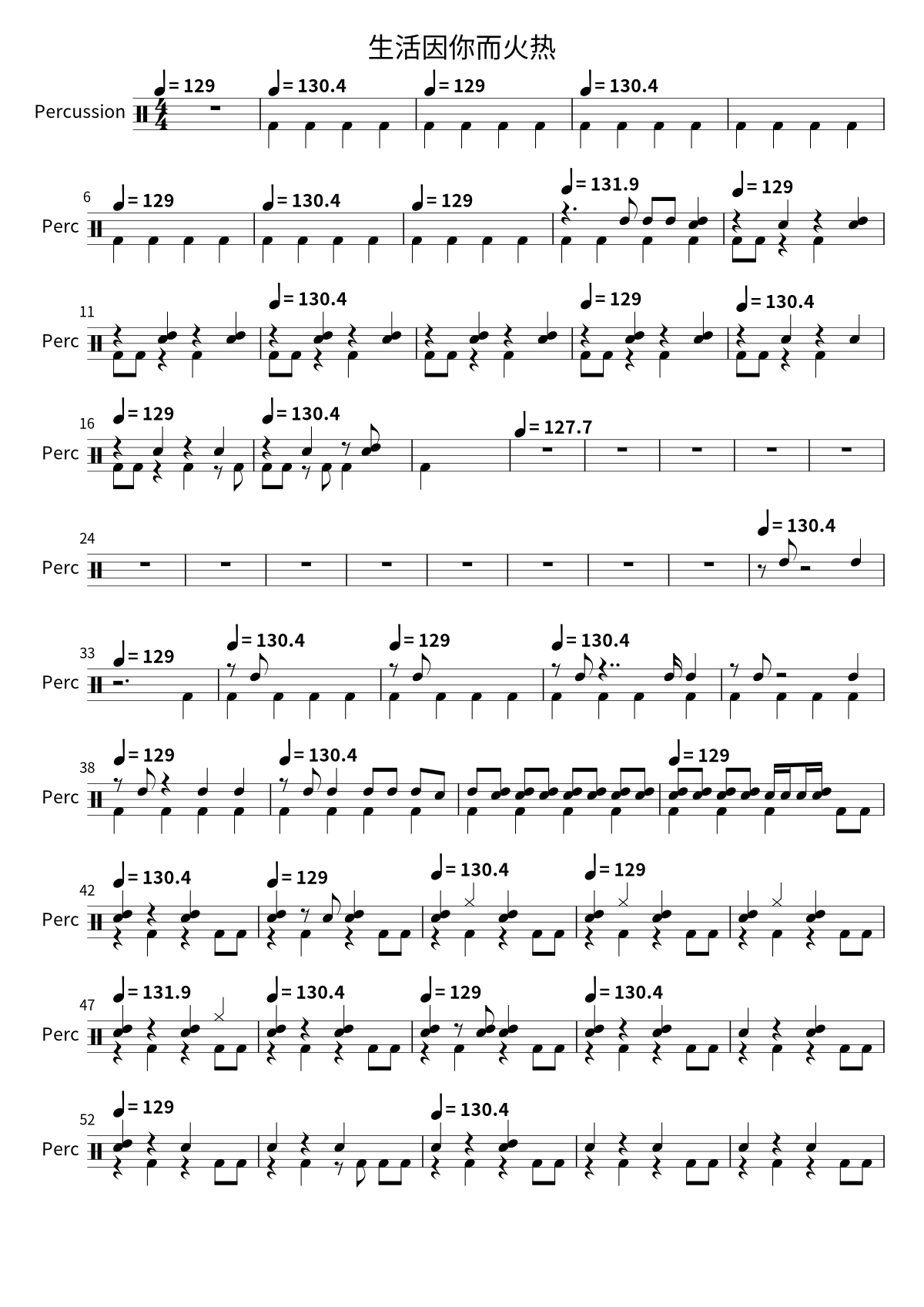 Primera página de la partitura de batería de 生活因你而火热 de 新裤子乐队