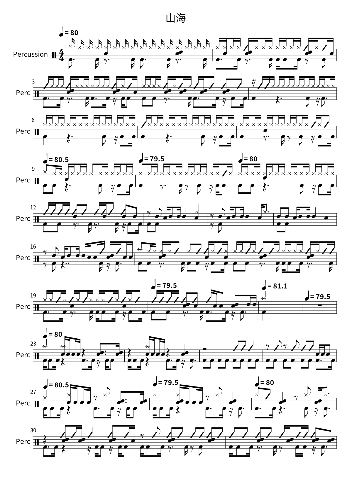Primera página de la partitura de batería de 山海 de No Party For Cao Dong