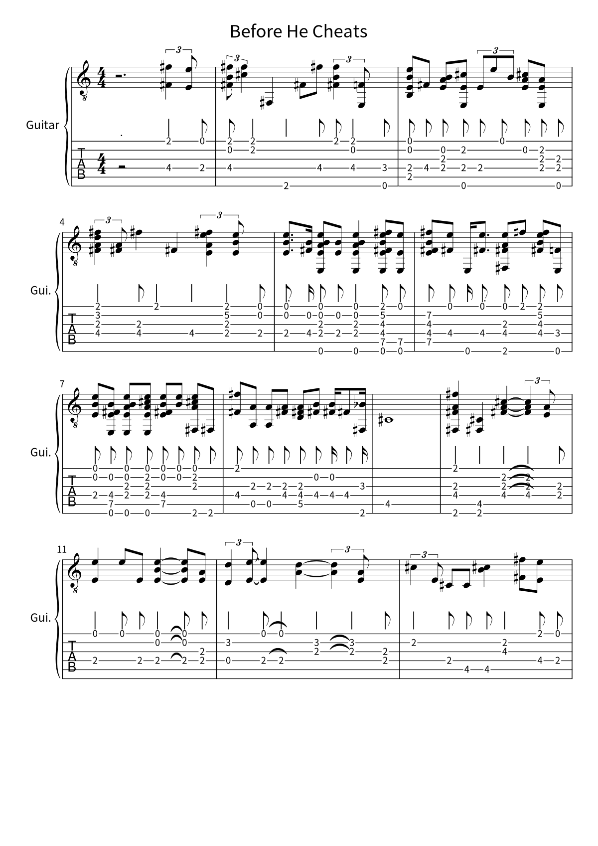 Primera página de la tablatura y partitura de guitarra de Before He Cheats de Carrie Underwood