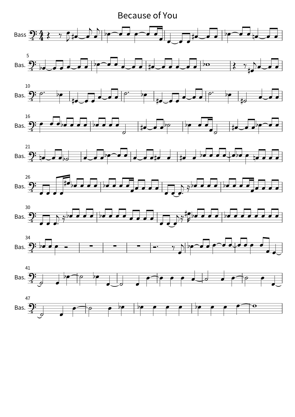 First page of the bass sheet music for Because of You by Kelly Clarkson