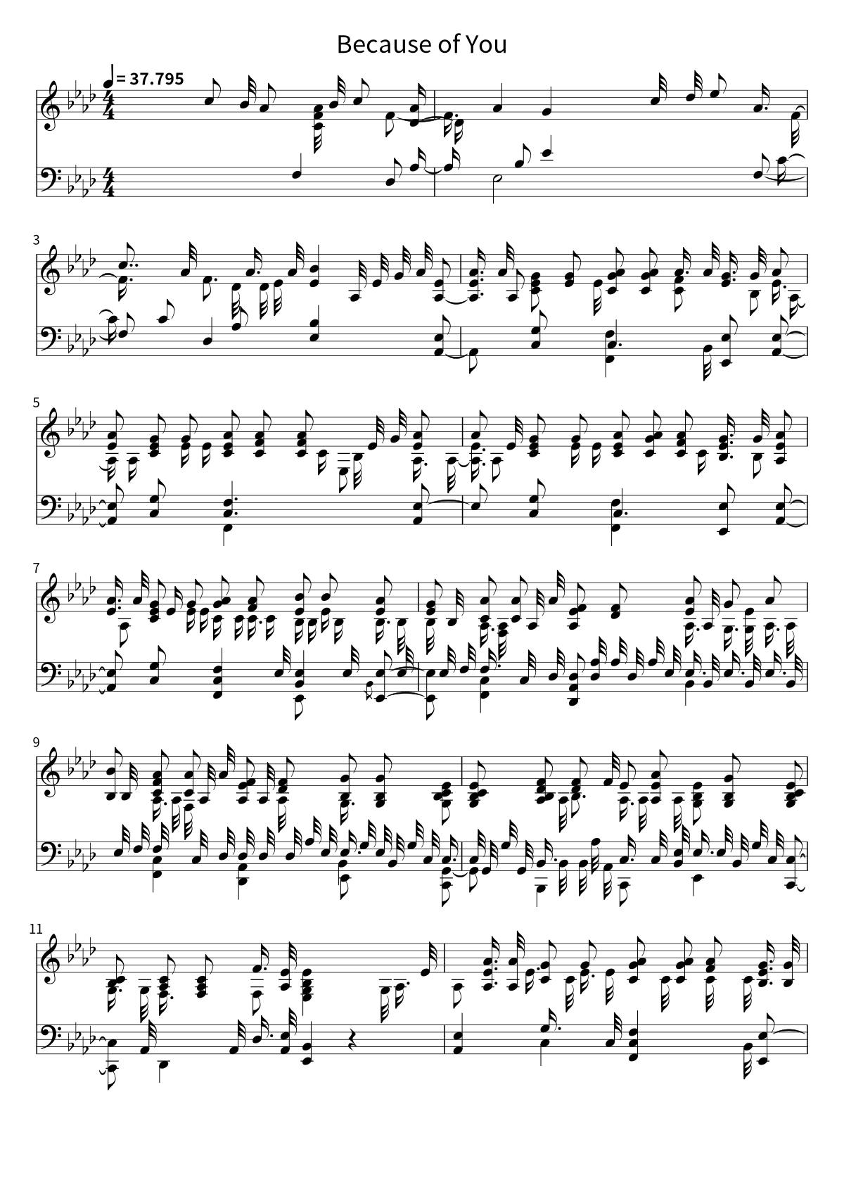 First page of the sheet music for Because of You by Kelly Clarkson
