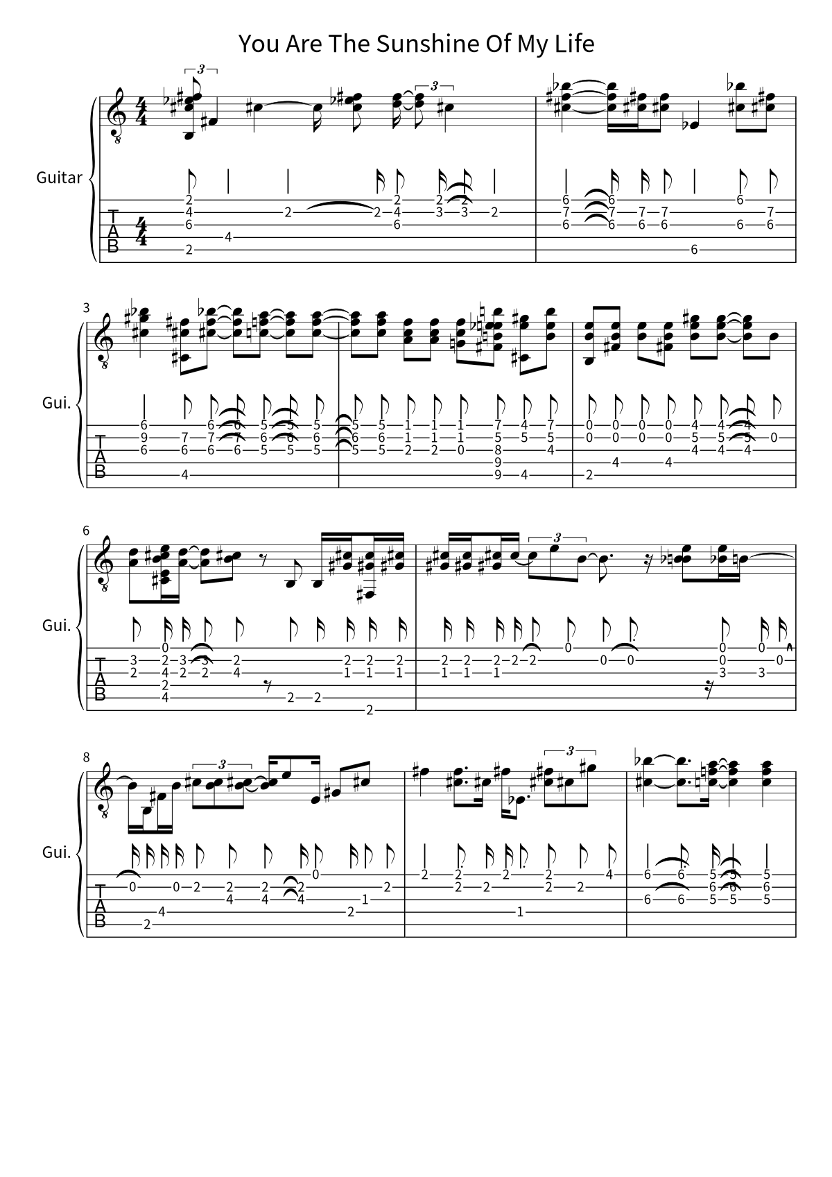 First page of the guitar tab and sheet music for You Are The Sunshine Of My Life by Stevie Wonder