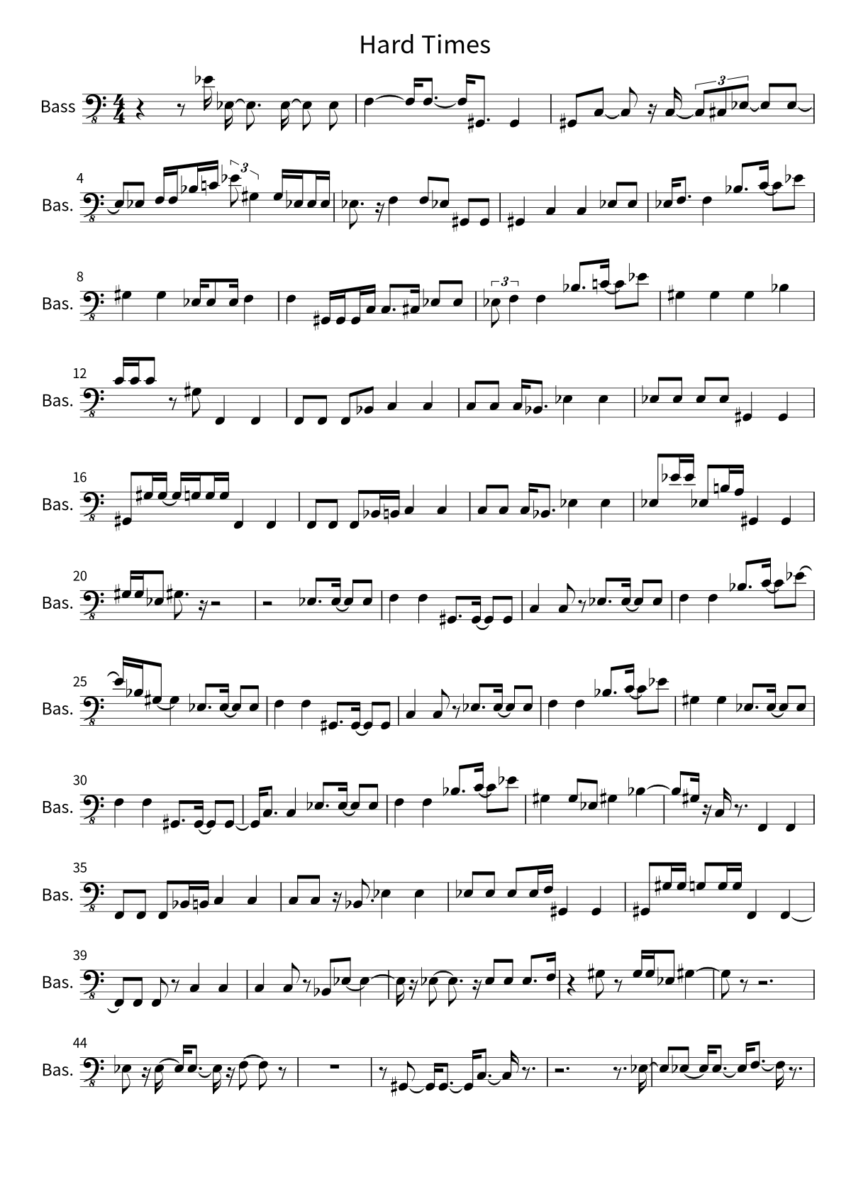 Primera página de la partitura de bajo de Hard Times de Paramore