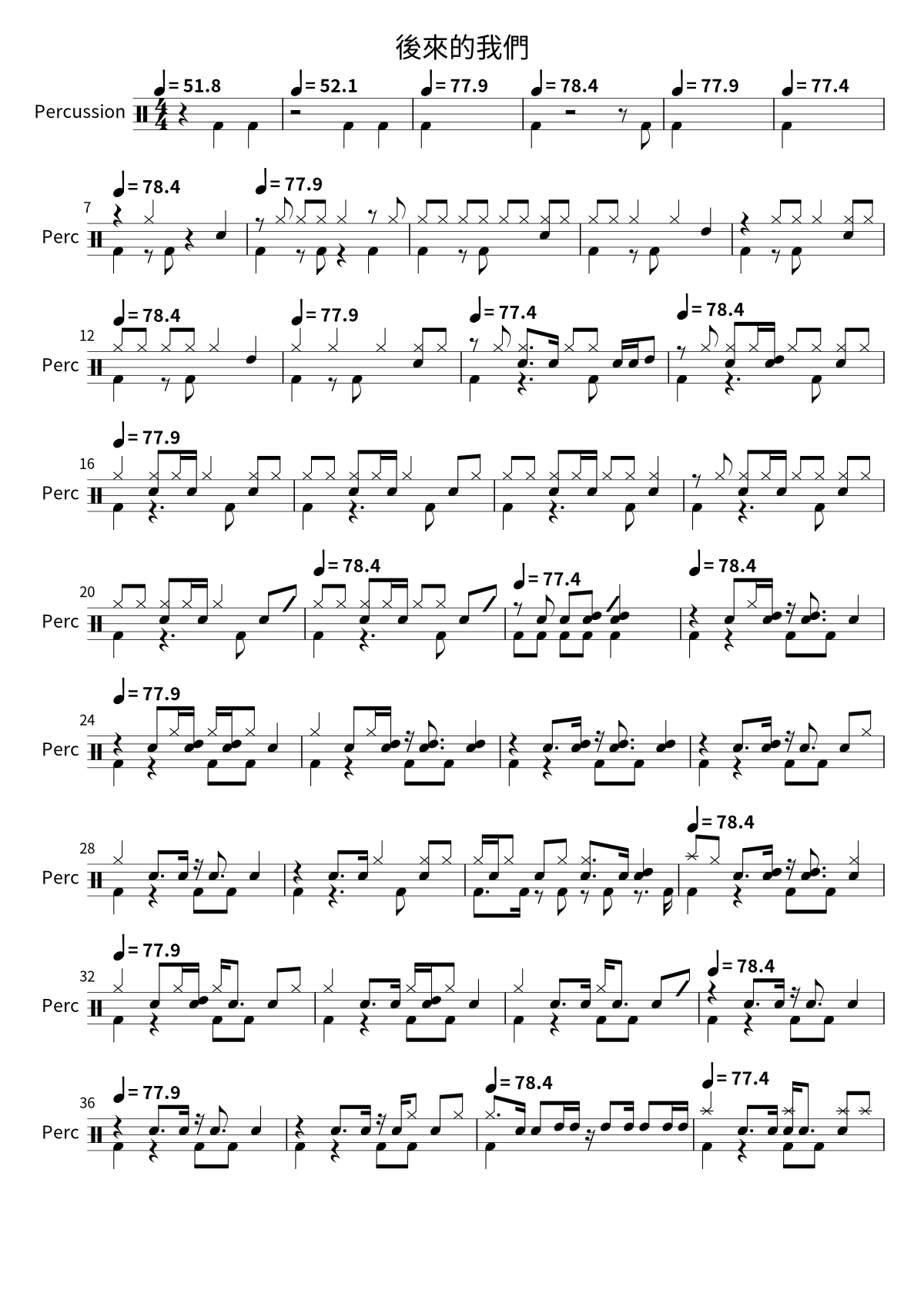Primera página de la partitura de batería de 後來的我們 de Mayday