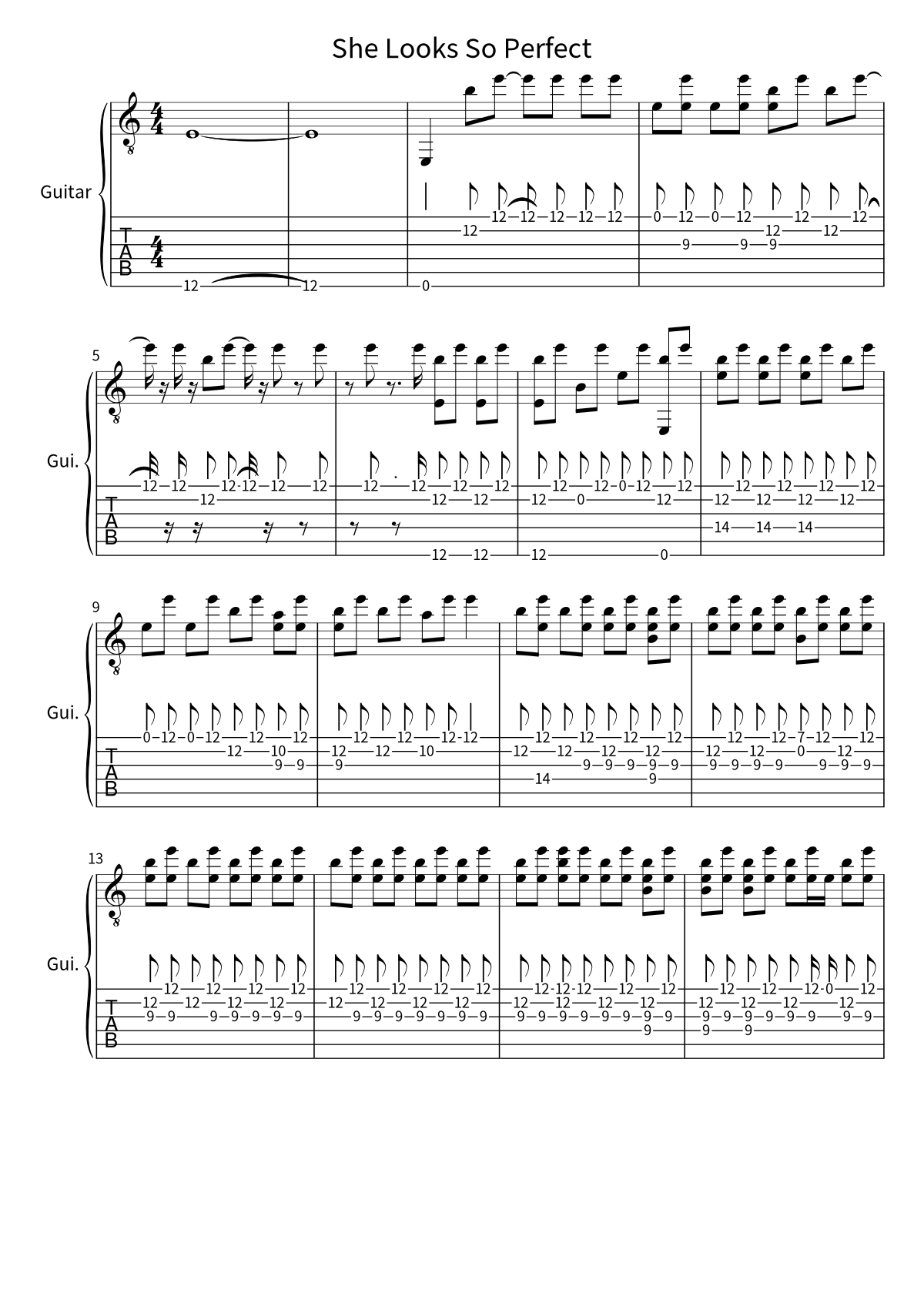 Primeira página da tablatura e partitura de guitarra de She Looks So Perfect, de 5 Seconds of Summer
