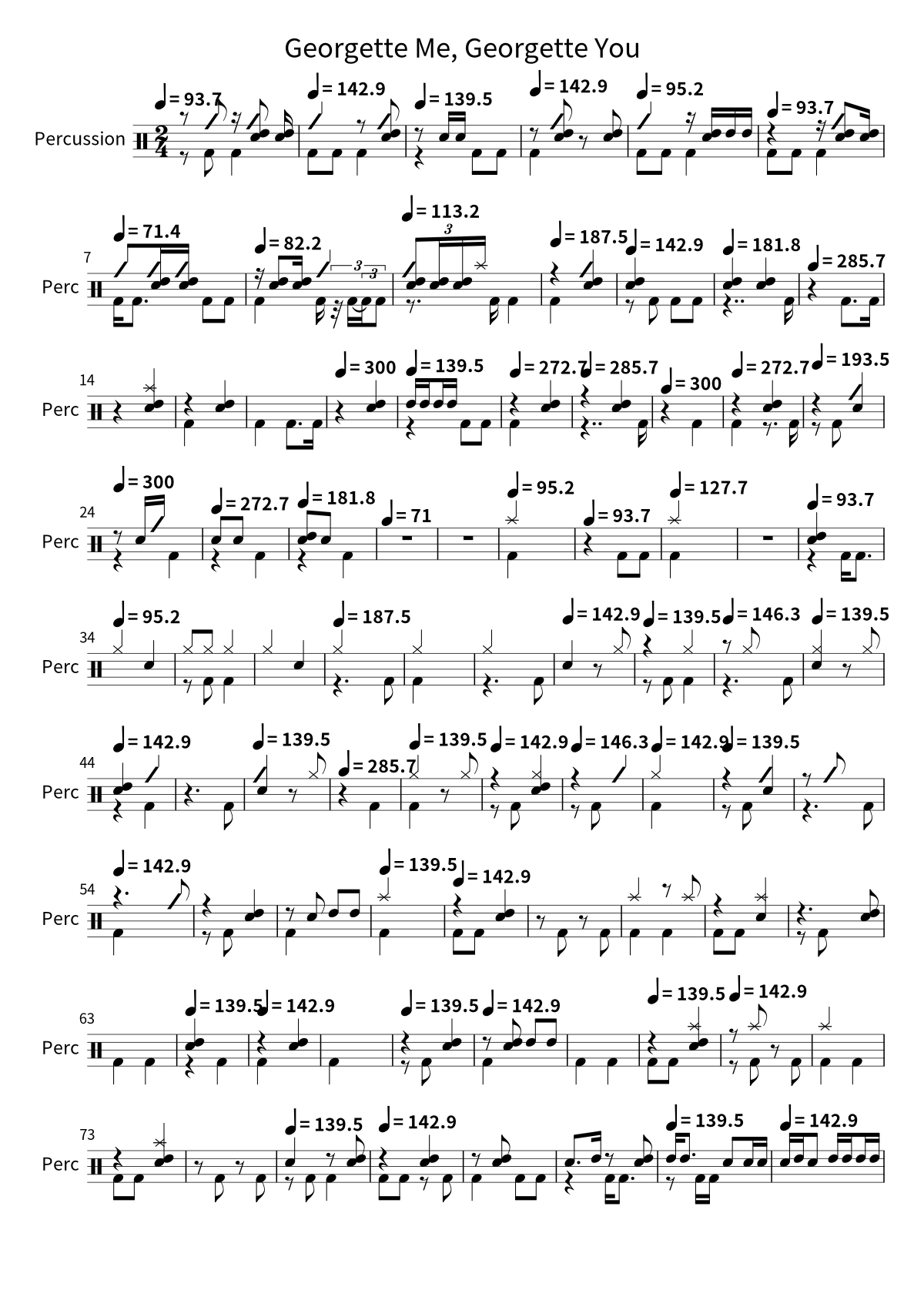 Primeira página da partitura de bateria de Georgette Me, Georgette You, de Ave Mujica