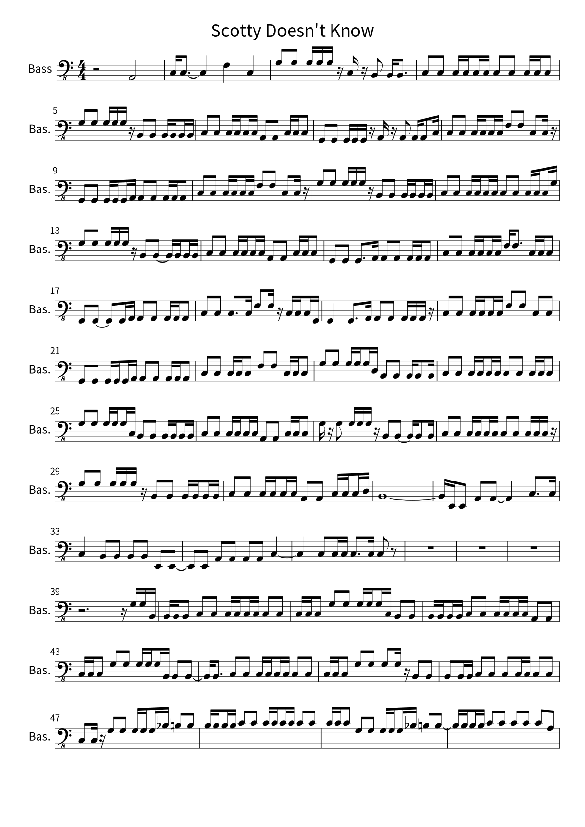 Primera página de la partitura de bajo de Scotty Doesn't Know de Lustra