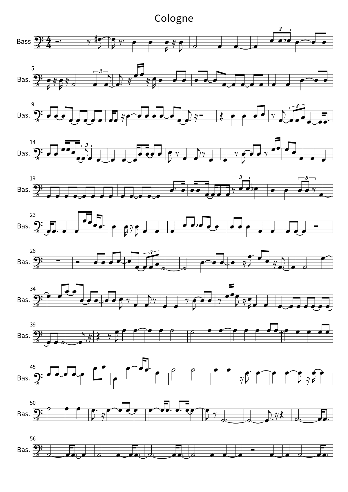 Primera página de la partitura de bajo de Cologne de beabadoobee
