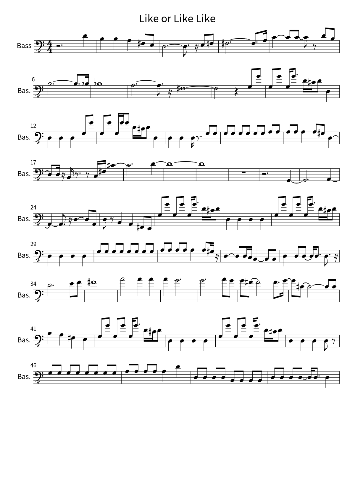 First page of the bass sheet music for Like or Like Like by Miniature Tigers