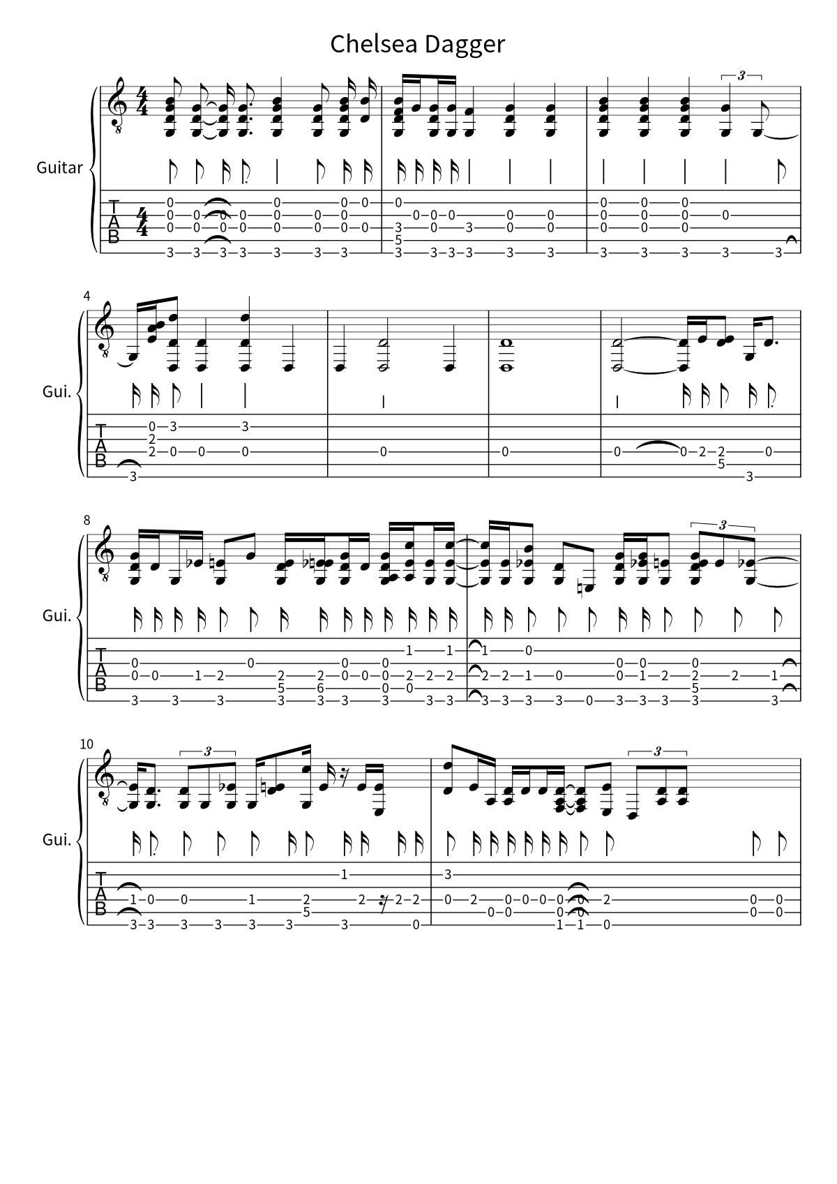 First page of the guitar tab and sheet music for Chelsea Dagger by The Fratellis