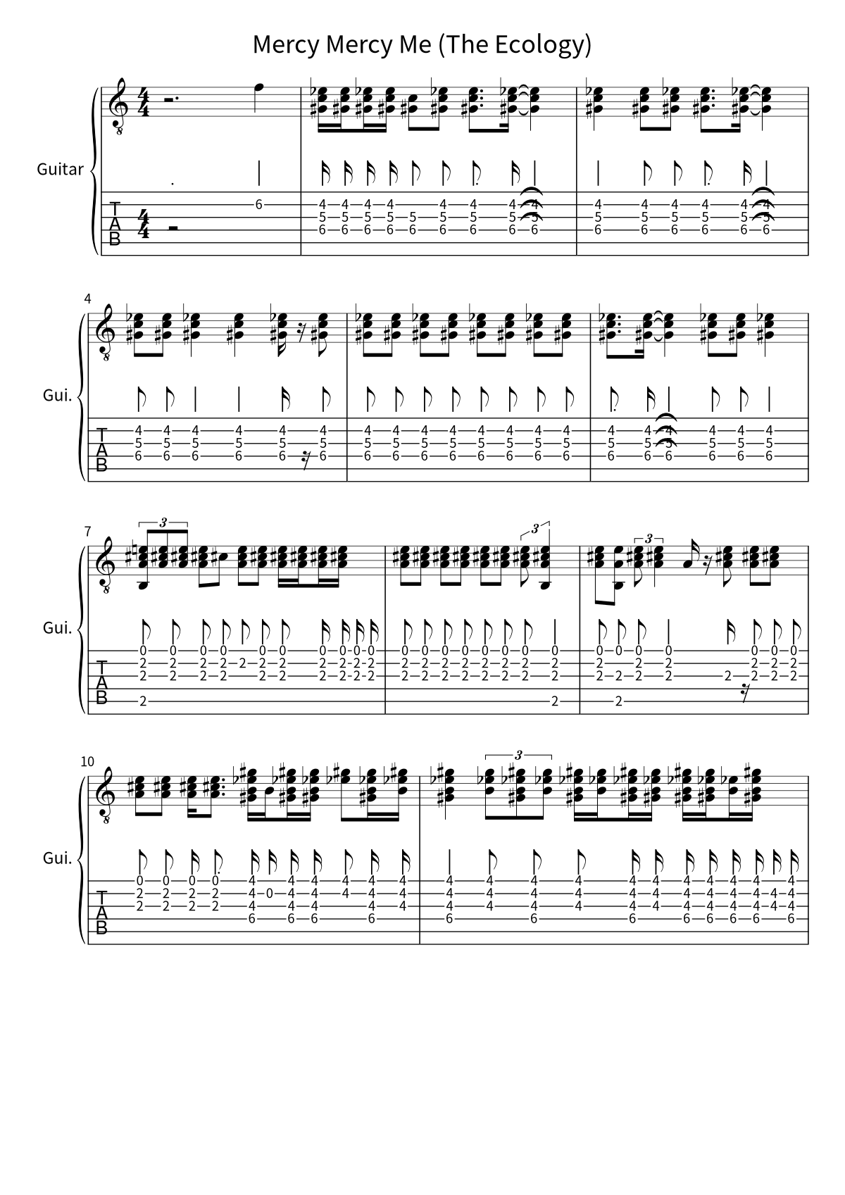Primeira página da tablatura e partitura de guitarra de Mercy Mercy Me (The Ecology), de Marvin Gaye