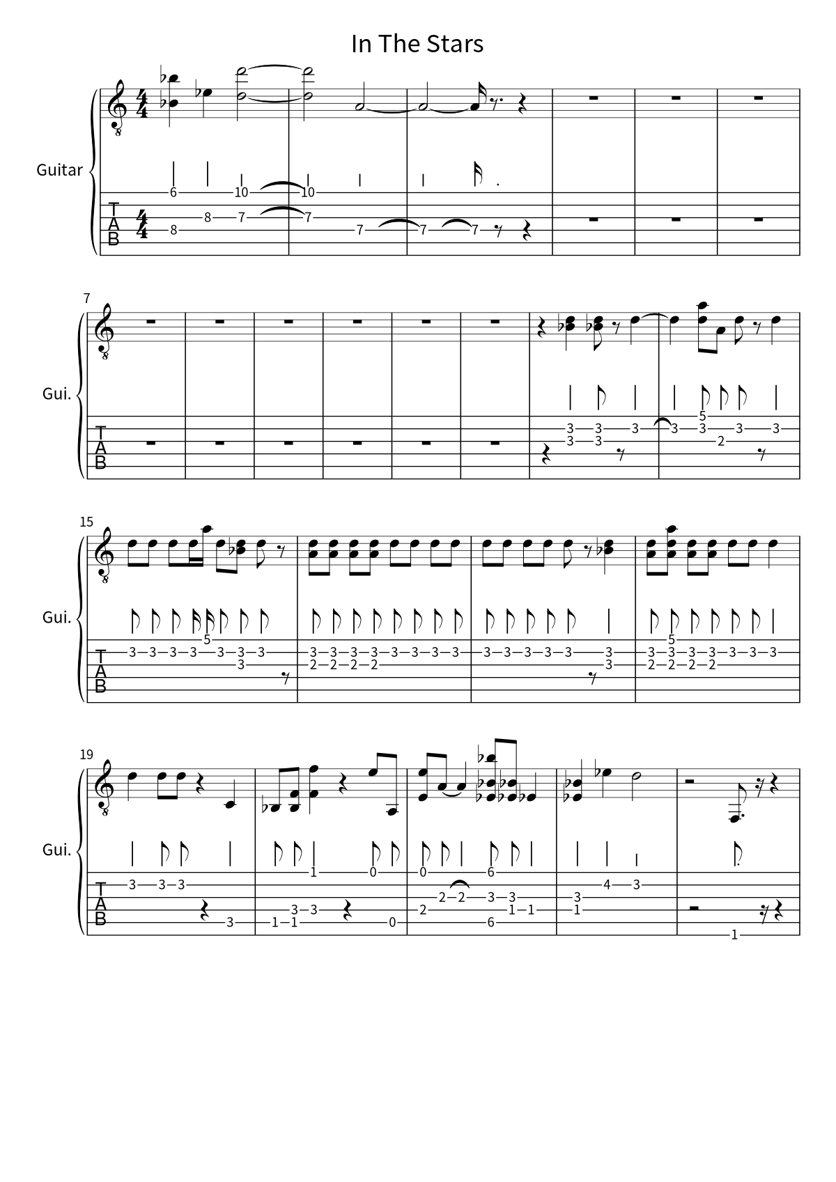 First page of the guitar tab and sheet music for In The Stars by Benson Boone