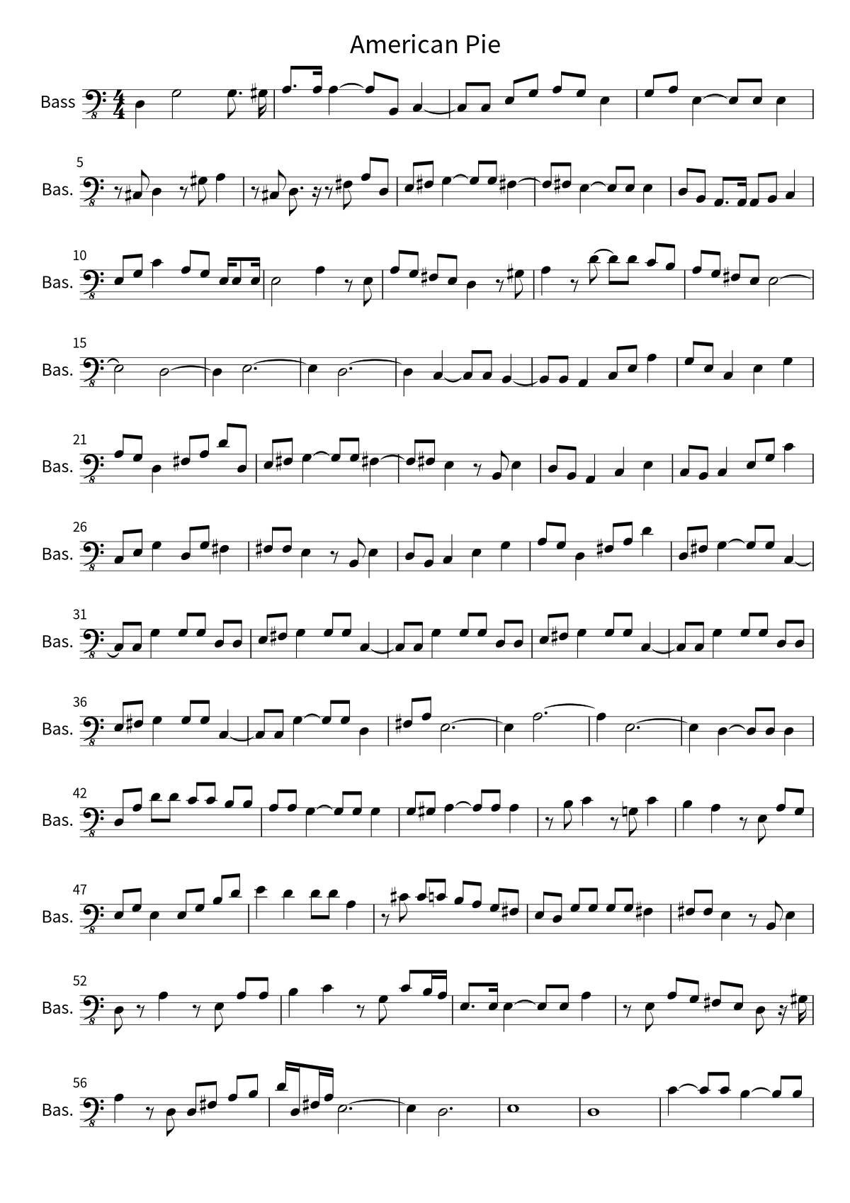 First page of the bass sheet music for American Pie by Don McLean