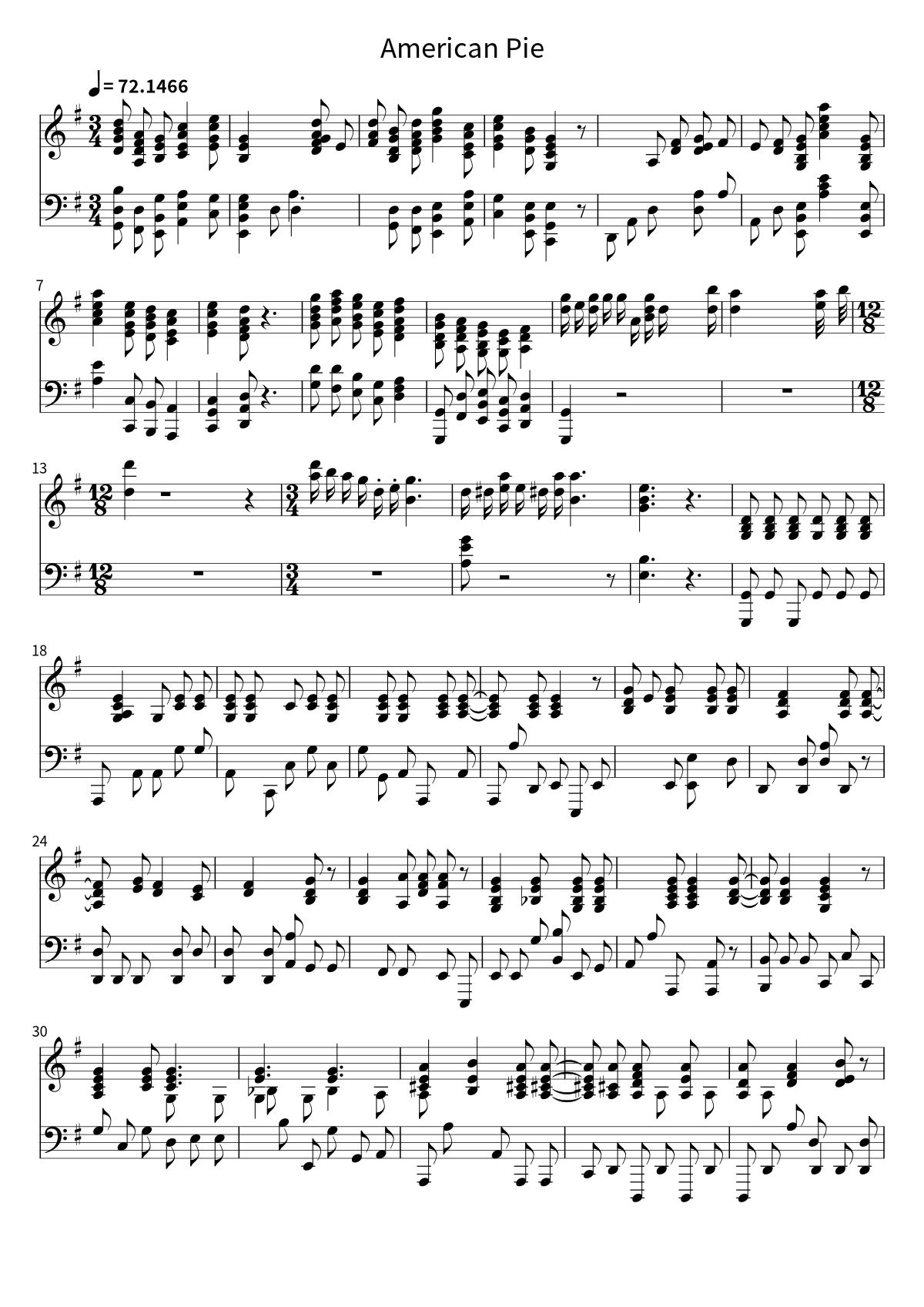 Primera página de la partitura de American Pie de Don McLean