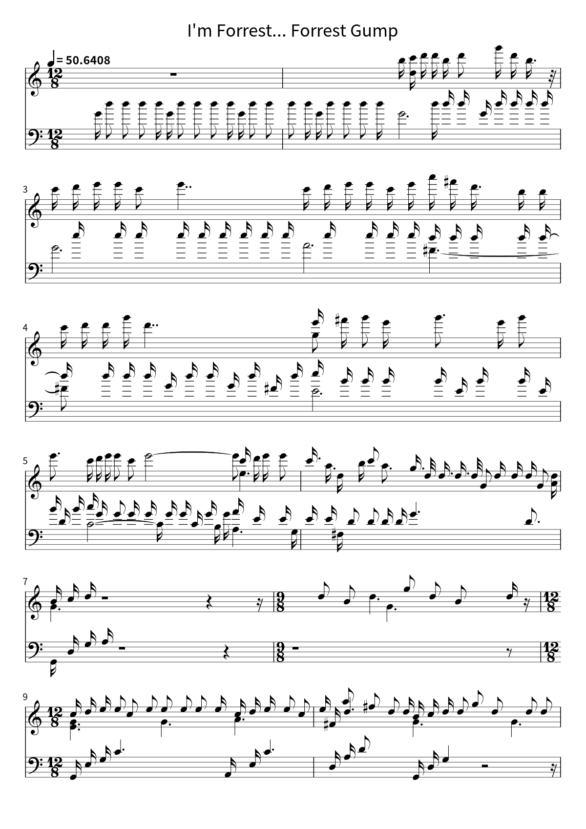 Primera página de la partitura de piano de I'm Forrest... Forrest Gump de Alan Silvestri