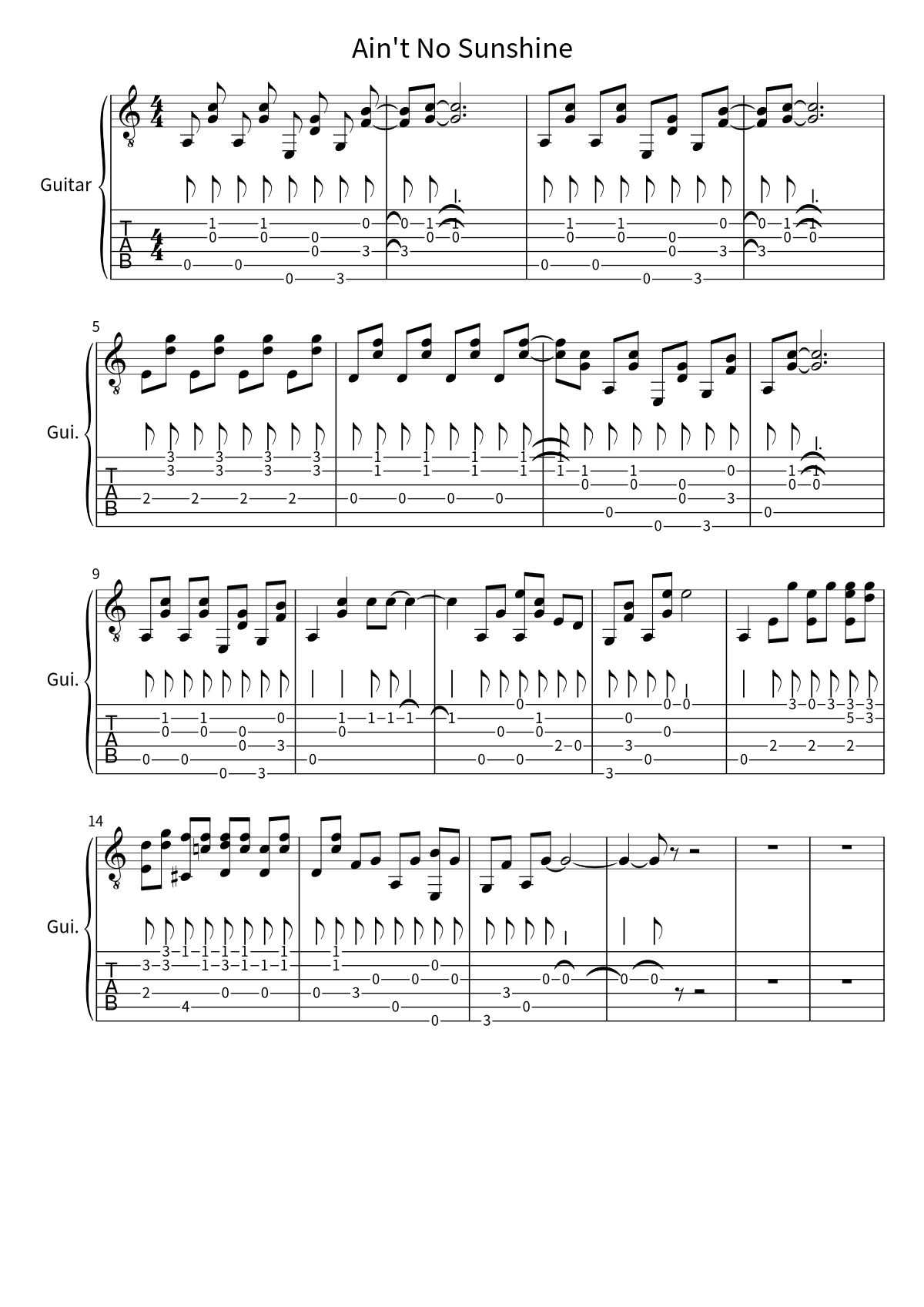 First page of the guitar tab and sheet music for Ain't No Sunshine by Bill Withers