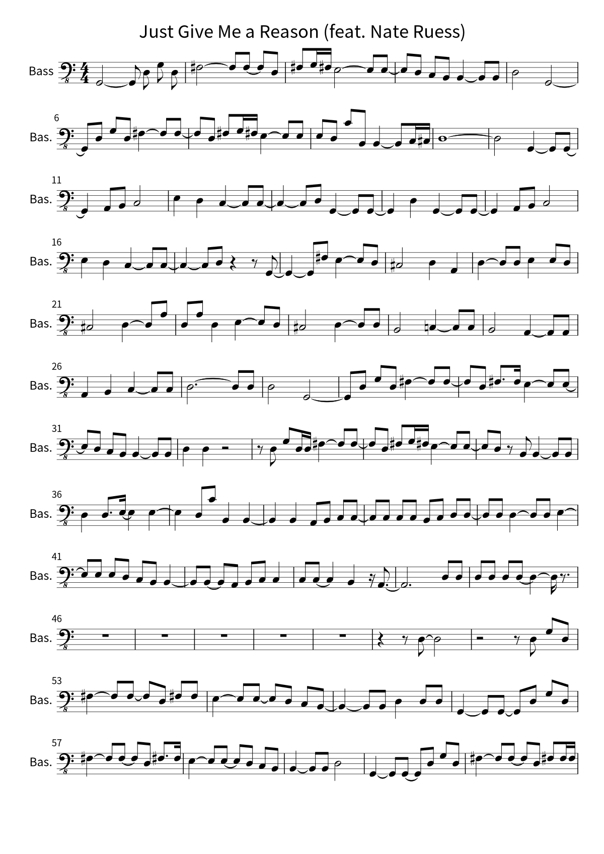 First page of the bass sheet music for Just Give Me a Reason (feat. Nate Ruess) by P!nk