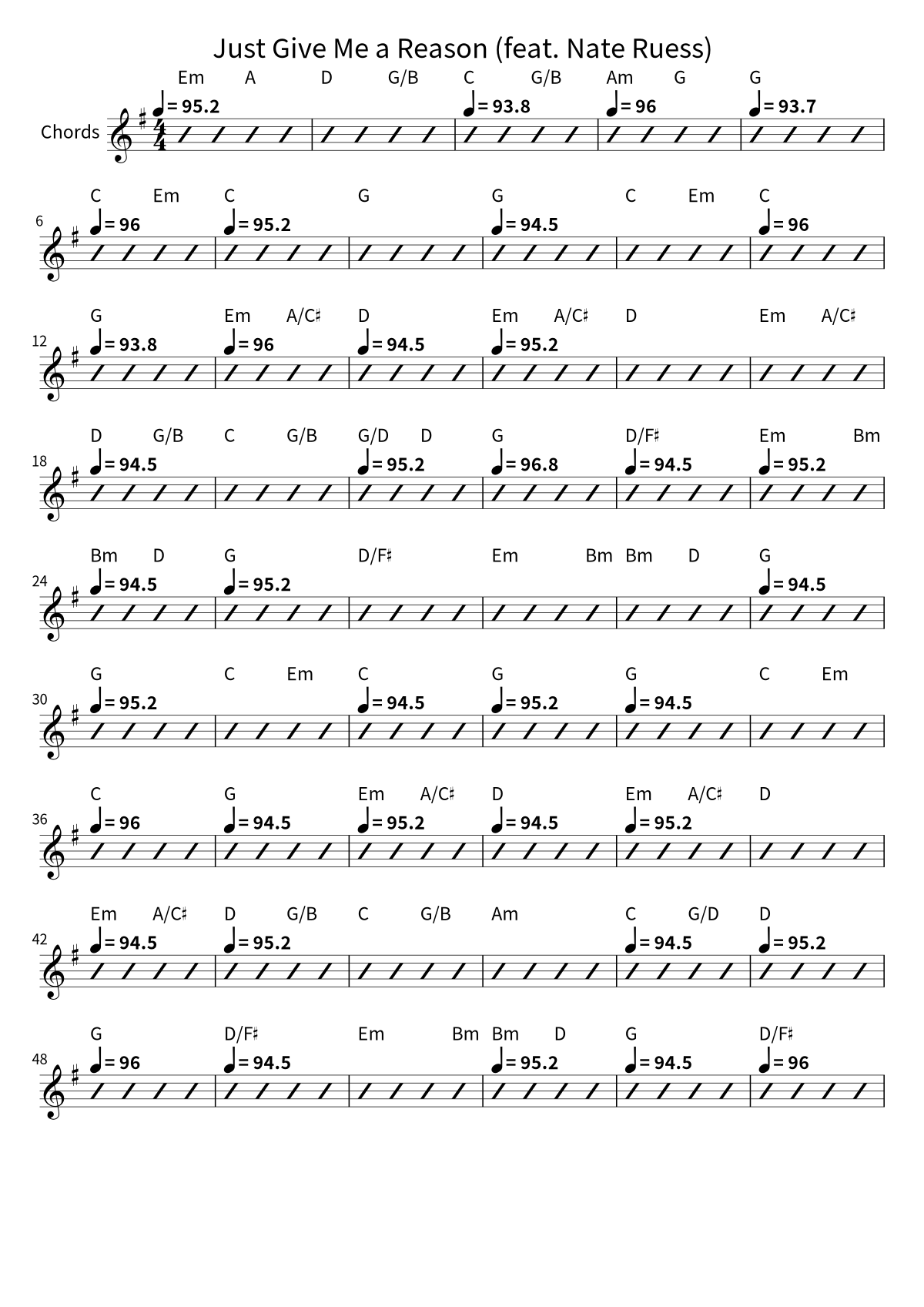 First page of the chord chart for Just Give Me a Reason (feat. Nate Ruess) by P!nk