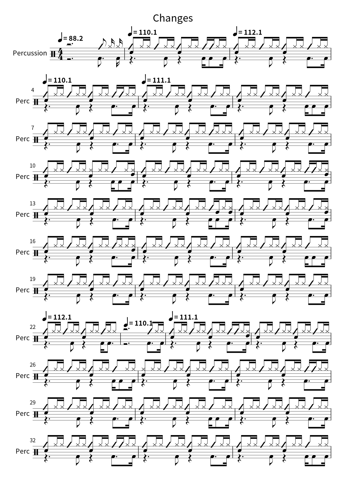 Primera página de la partitura de batería de Changes de 2Pac