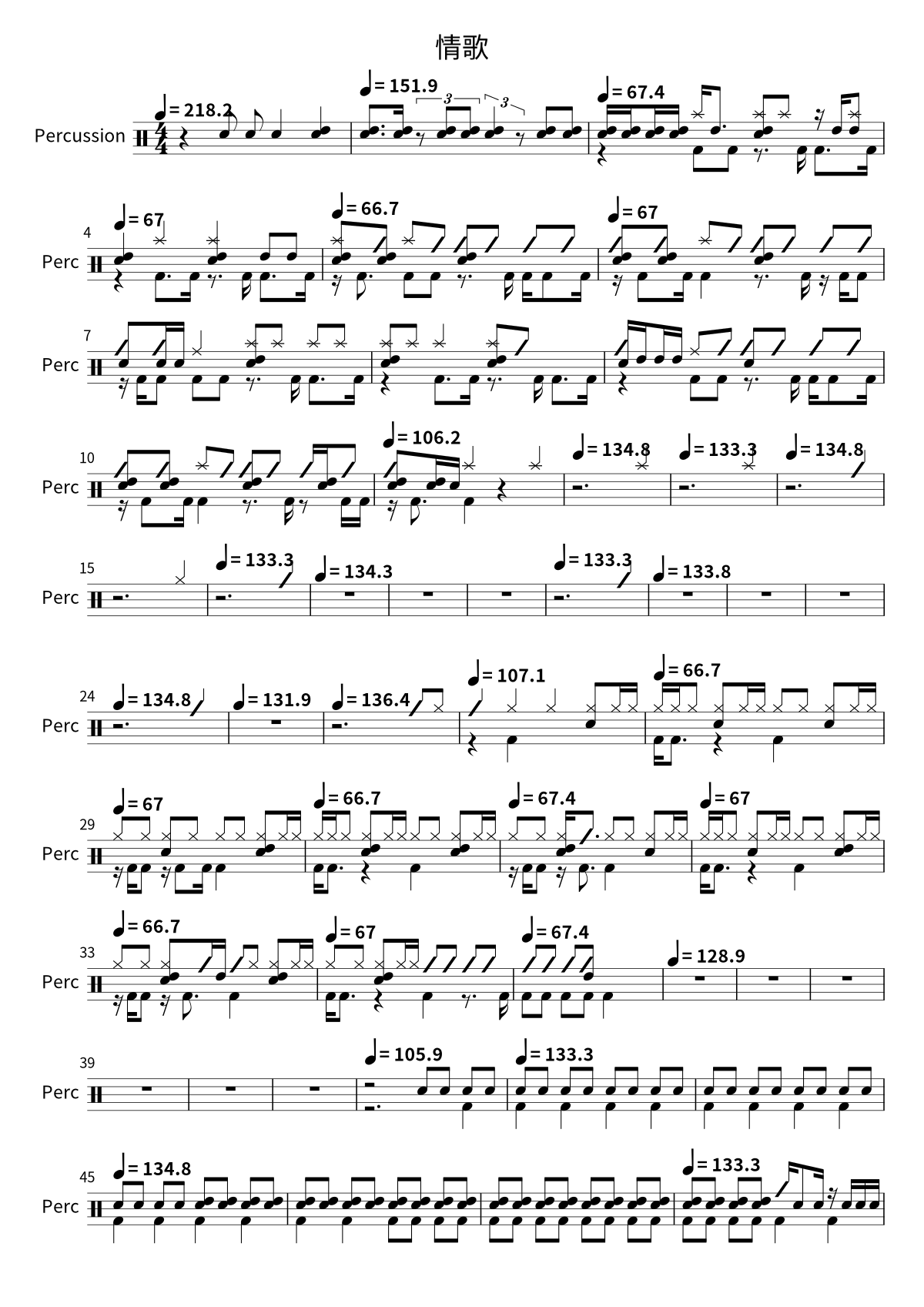 Primera página de la partitura de batería de 情歌 de No Party For Cao Dong