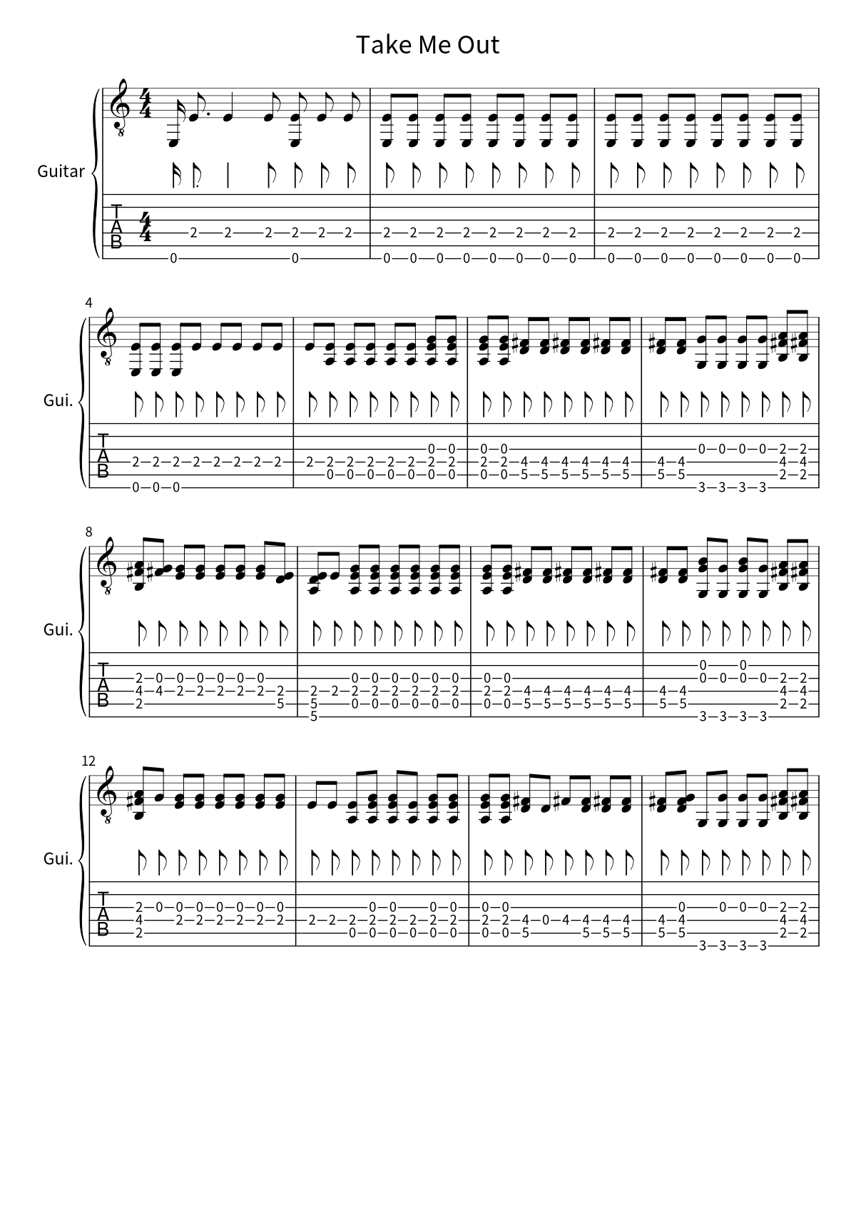 Primera página de la tablatura y partitura de guitarra de Take Me Out de Franz Ferdinand
