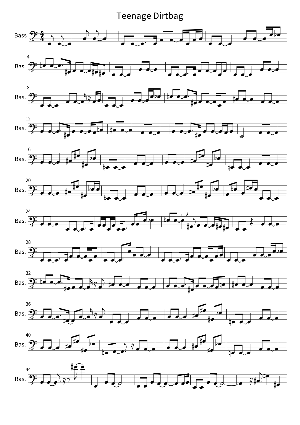 First page of the bass sheet music for Teenage Dirtbag by Wheatus