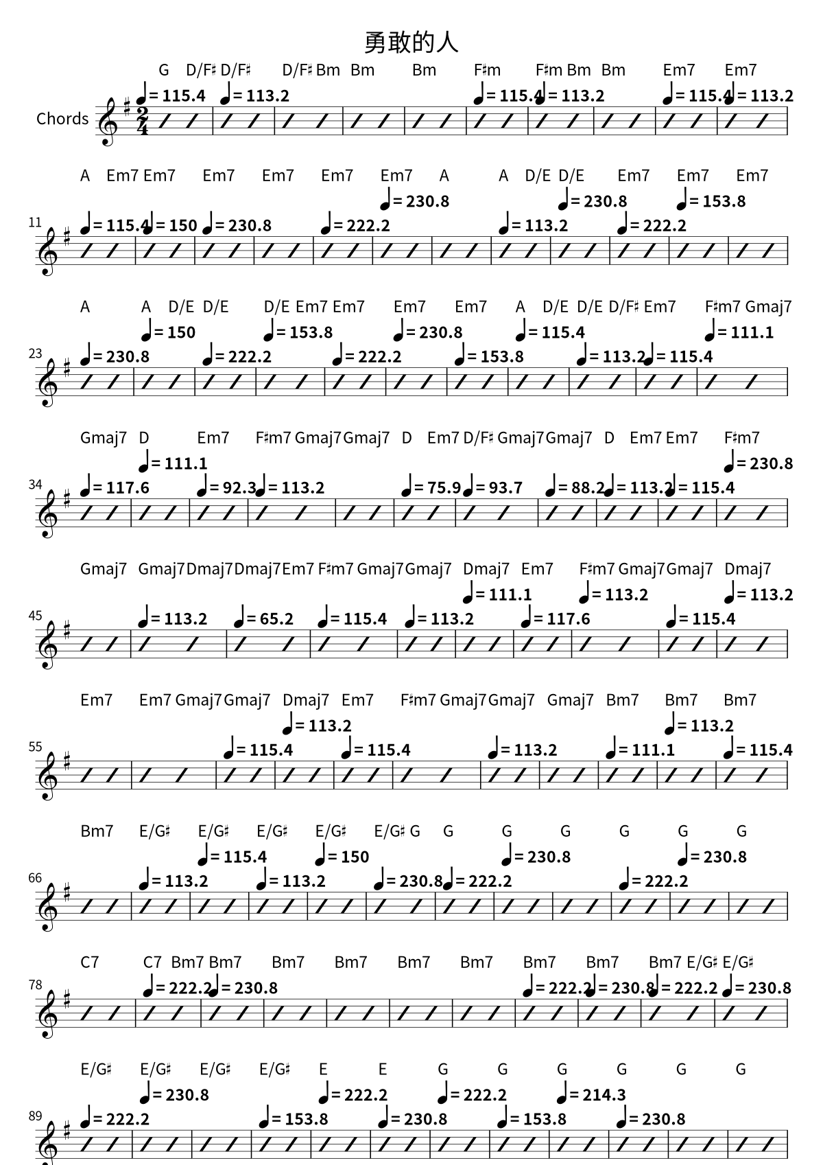 Primera página de la hoja de acordes de 勇敢的人 de No Party For Cao Dong