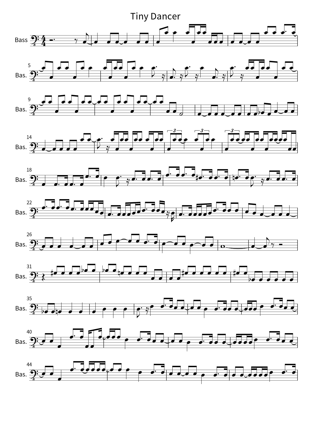 First page of the bass sheet music for Tiny Dancer by Elton John
