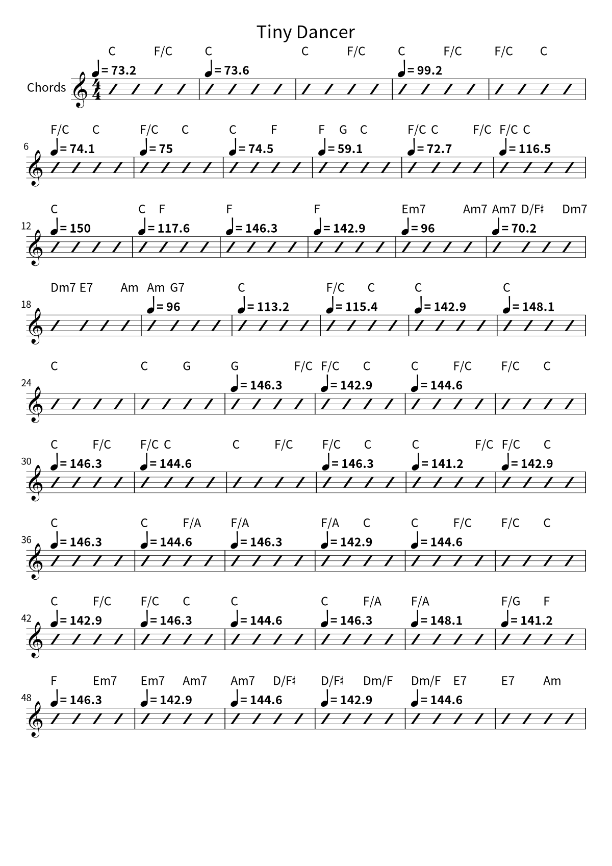 First page of the chord chart for Tiny Dancer by Elton John