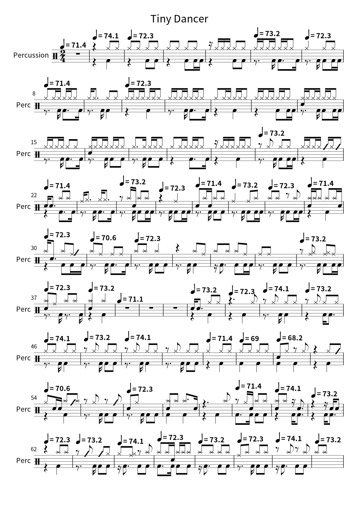 Primera página de la partitura de batería de Tiny Dancer de Elton John