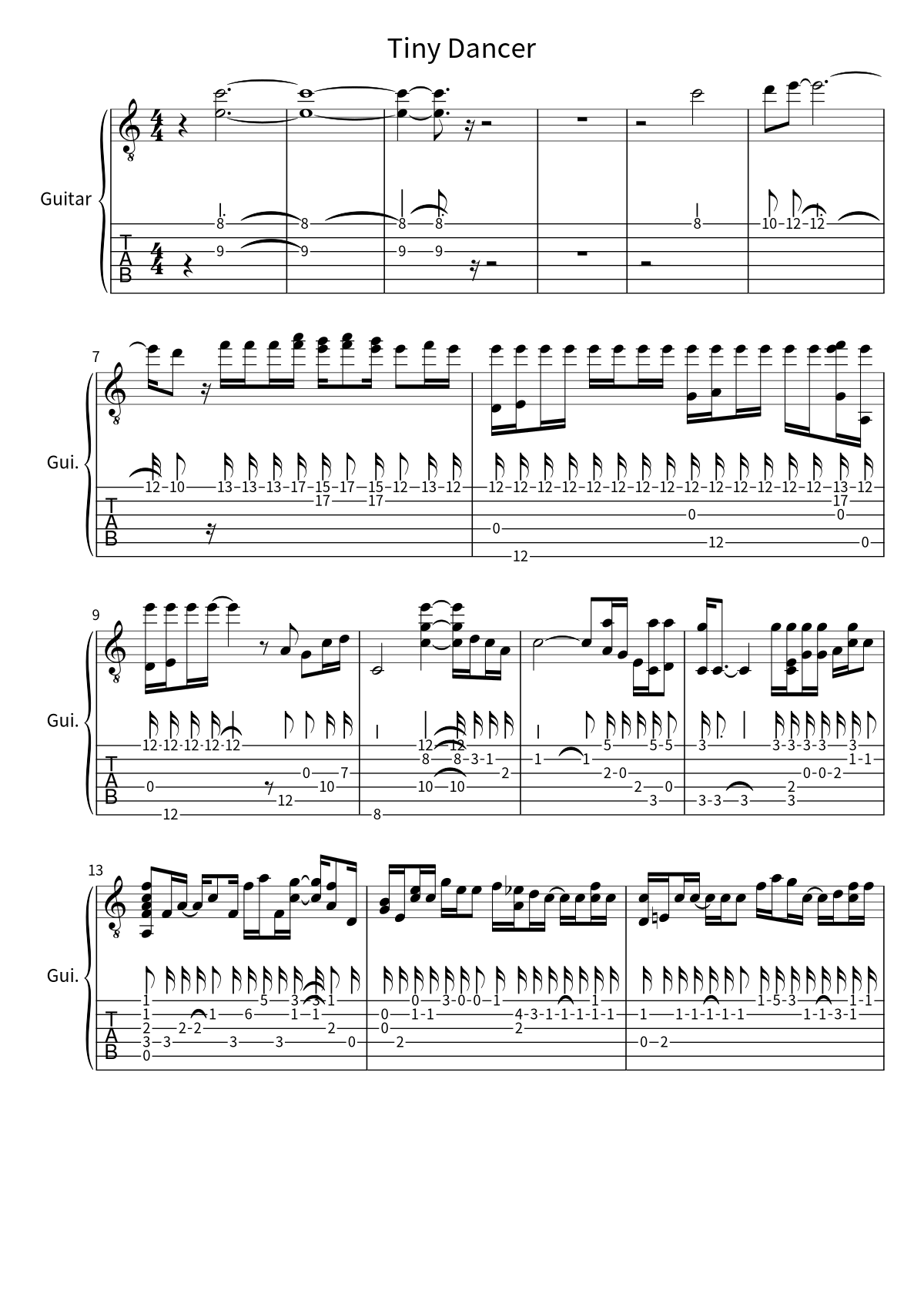 First page of the guitar tab and sheet music for Tiny Dancer by Elton John