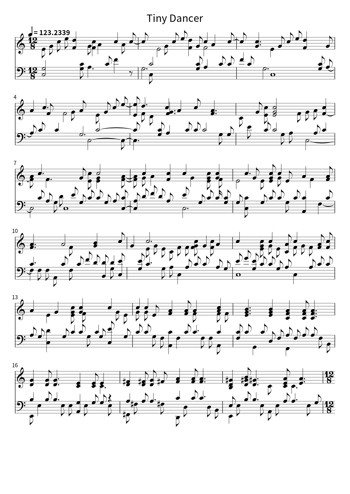 Primera página de la partitura de Tiny Dancer de Elton John