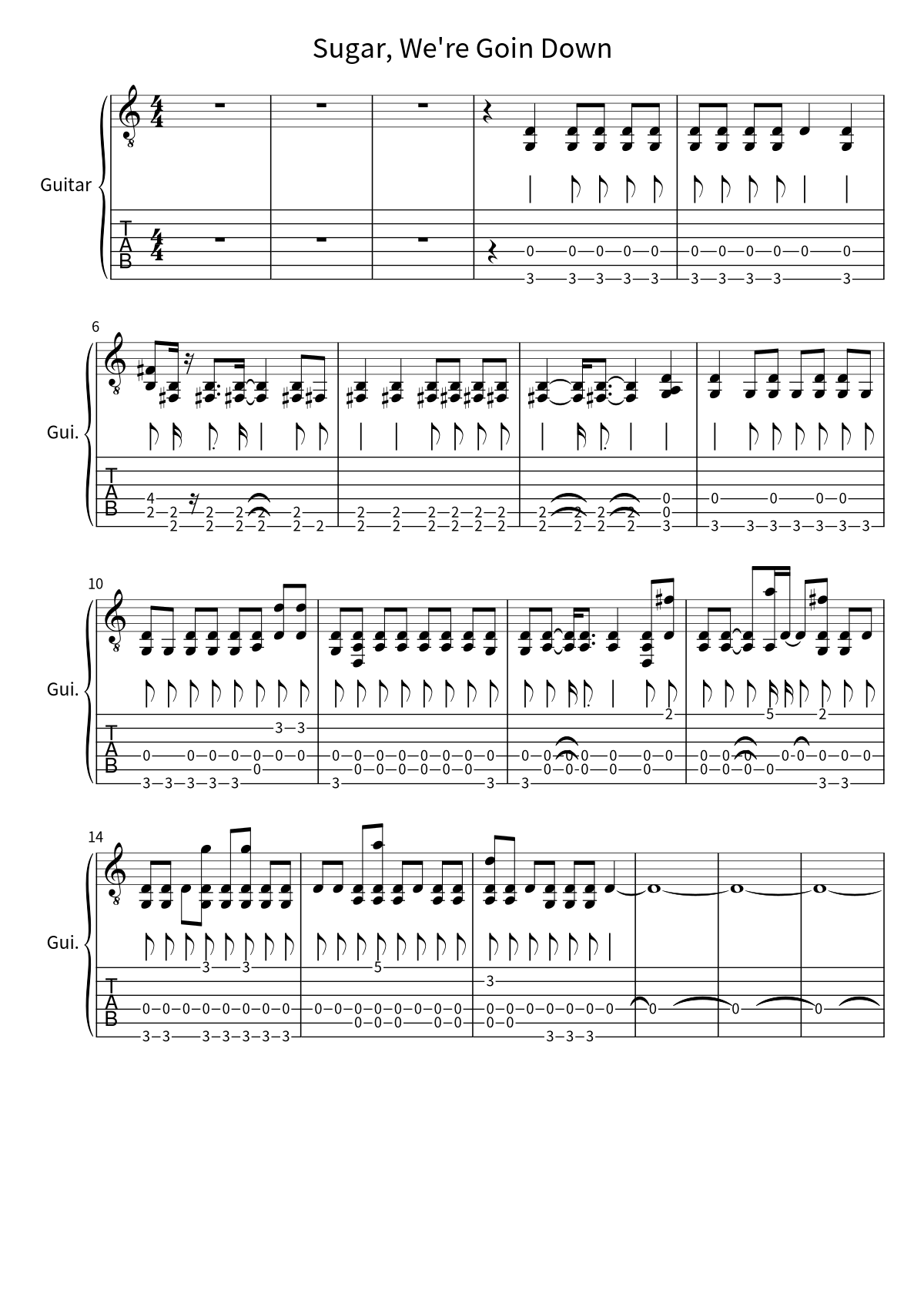 Primera página de la tablatura y partitura de guitarra de Sugar, We're Goin Down de Fall Out Boy