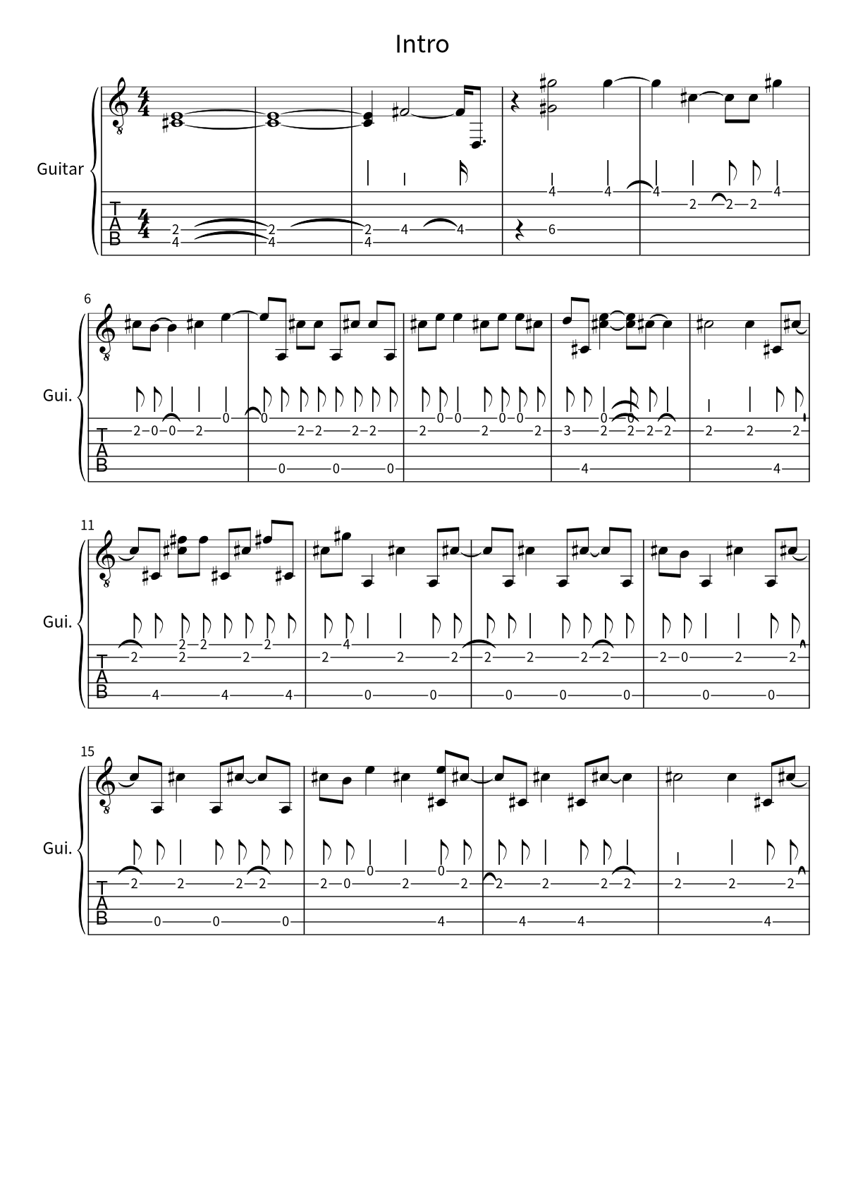 First page of the guitar tab and sheet music for Intro by No Party For Cao Dong