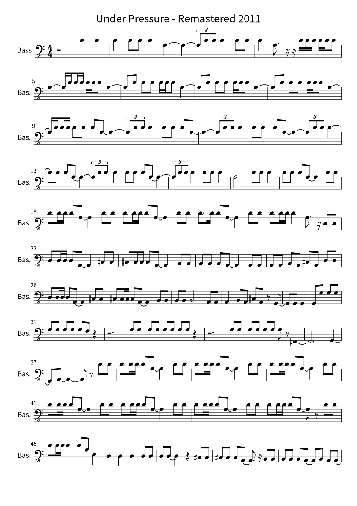 First page of the bass sheet music for Under Pressure - Remastered 2011 by Queen