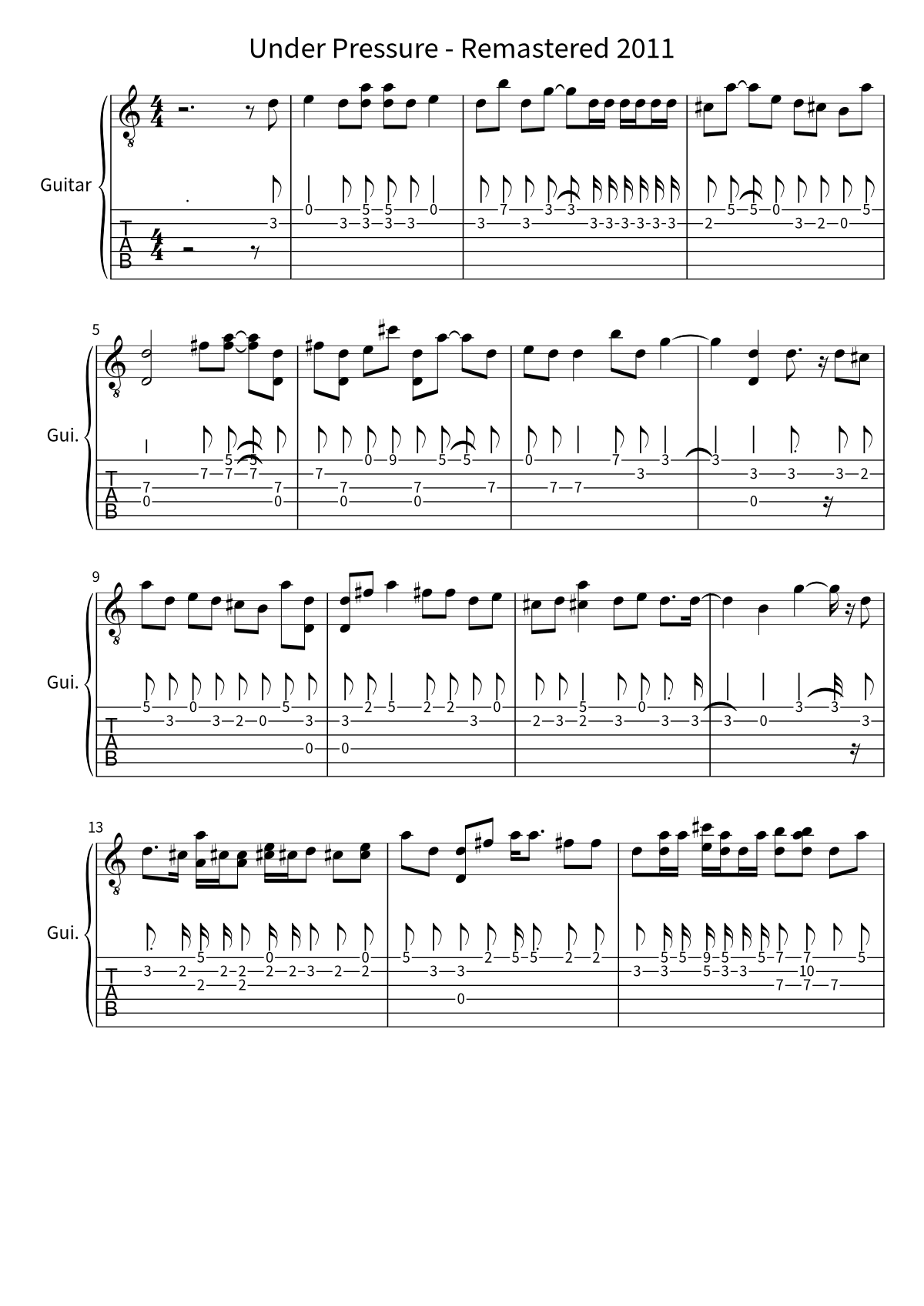 First page of the guitar tab and sheet music for Under Pressure - Remastered 2011 by Queen