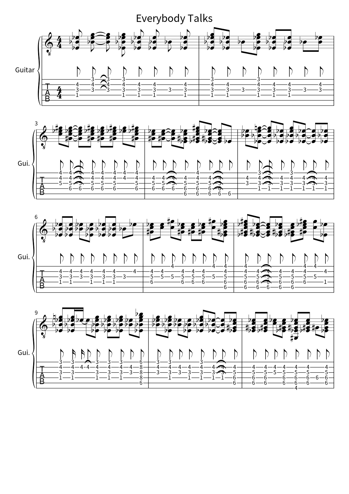 Primera página de la tablatura y partitura de guitarra de Everybody Talks de Neon Trees