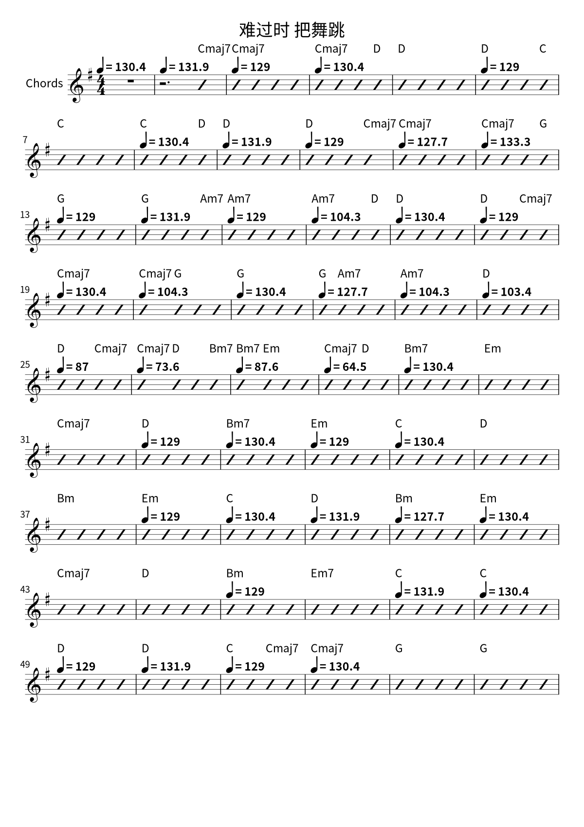 First page of the chord chart for 难过时 把舞跳 by 新裤子乐队