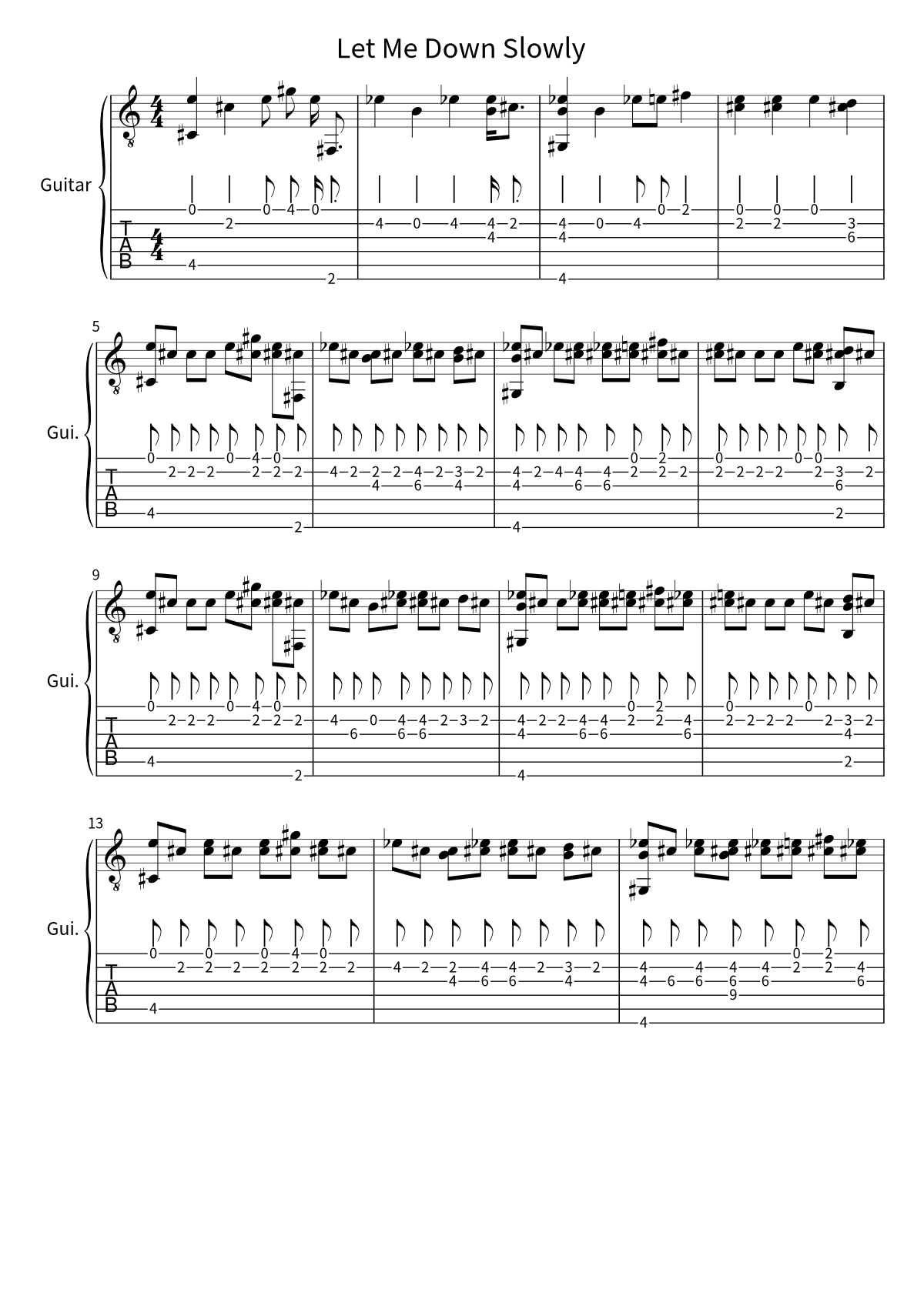 Primera página de la tablatura y partitura de guitarra de Let Me Down Slowly de Alec Benjamin