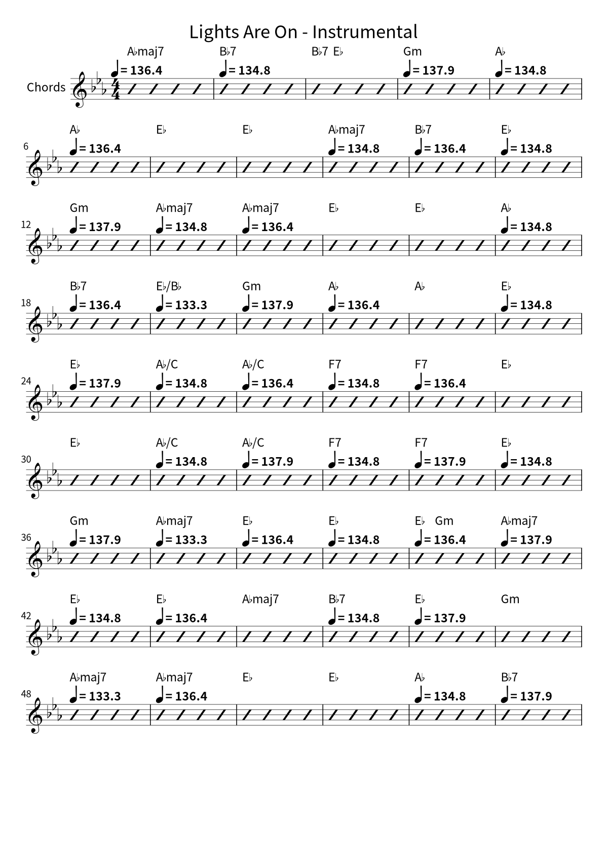 First page of the chord chart for Lights Are On - Instrumental by Edith Whiskers