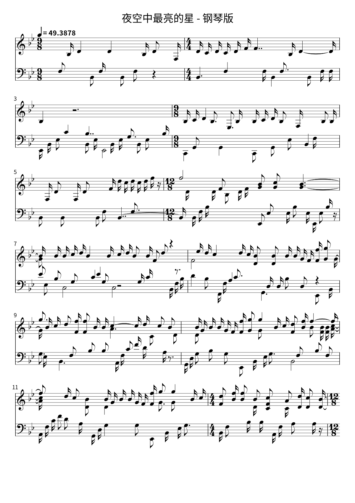 First page of the sheet music for 夜空中最亮的星 - 钢琴版 by Jesse T