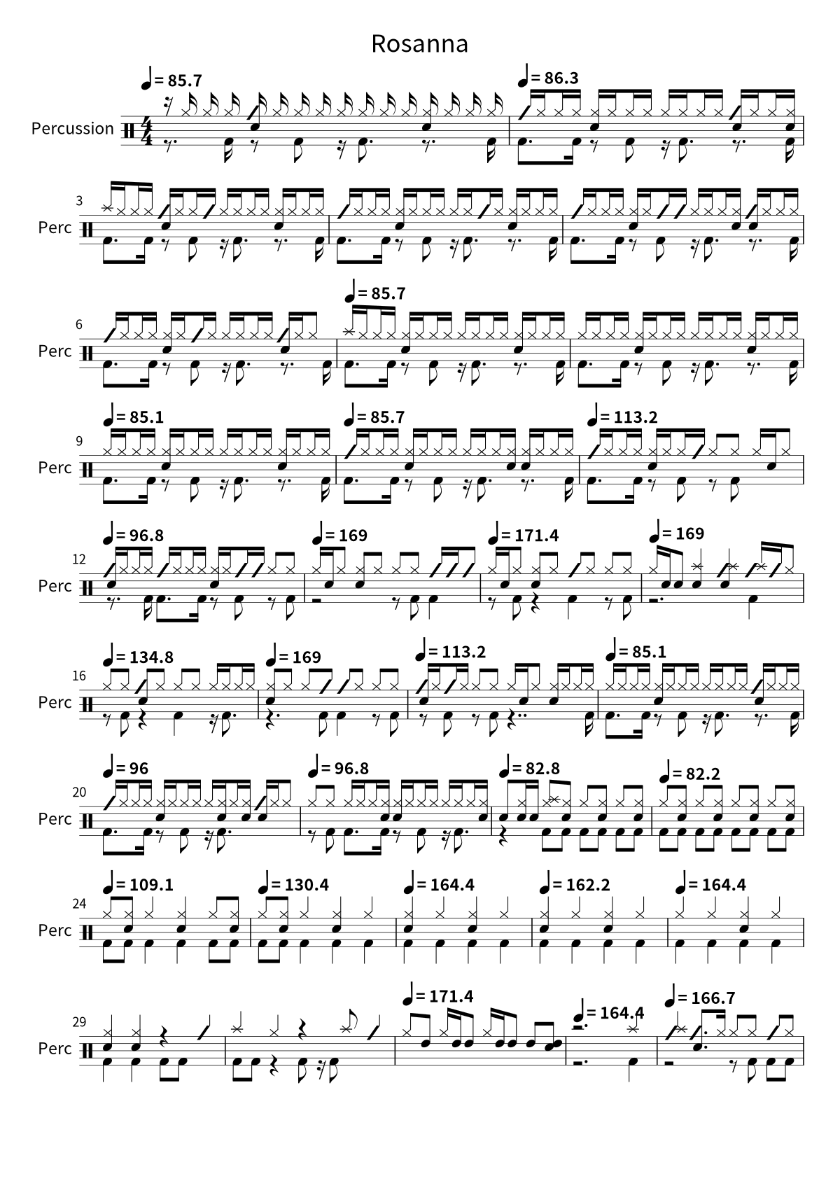 Primera página de la partitura de batería de Rosanna de TOTO